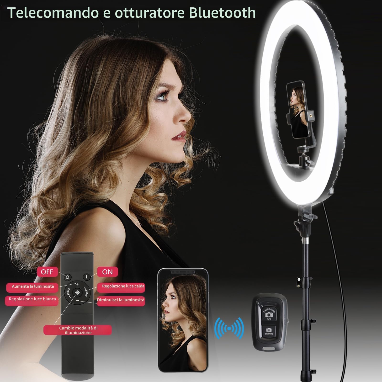 Luce ad anello a LED da 53,3 cm con supporto per treppiede, luce ad anello video per fotografia, registrazione vlog, conferenze, riunioni, ritratti, YouTube, TikTok, trucco, con telecomando, CRI> 97