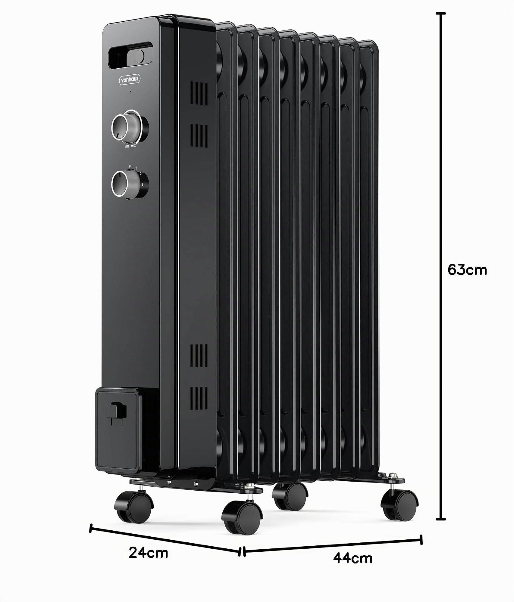 VonHaus Radiador Eléctrico de Aceite de 9 elementos – Calefactor Eléctrico Bajo Consumo Portátil 2000 W - Termostato Ajustable, 3 Niveles de Calor, 4 Ruedas, Cable 1,5 m (Negro)