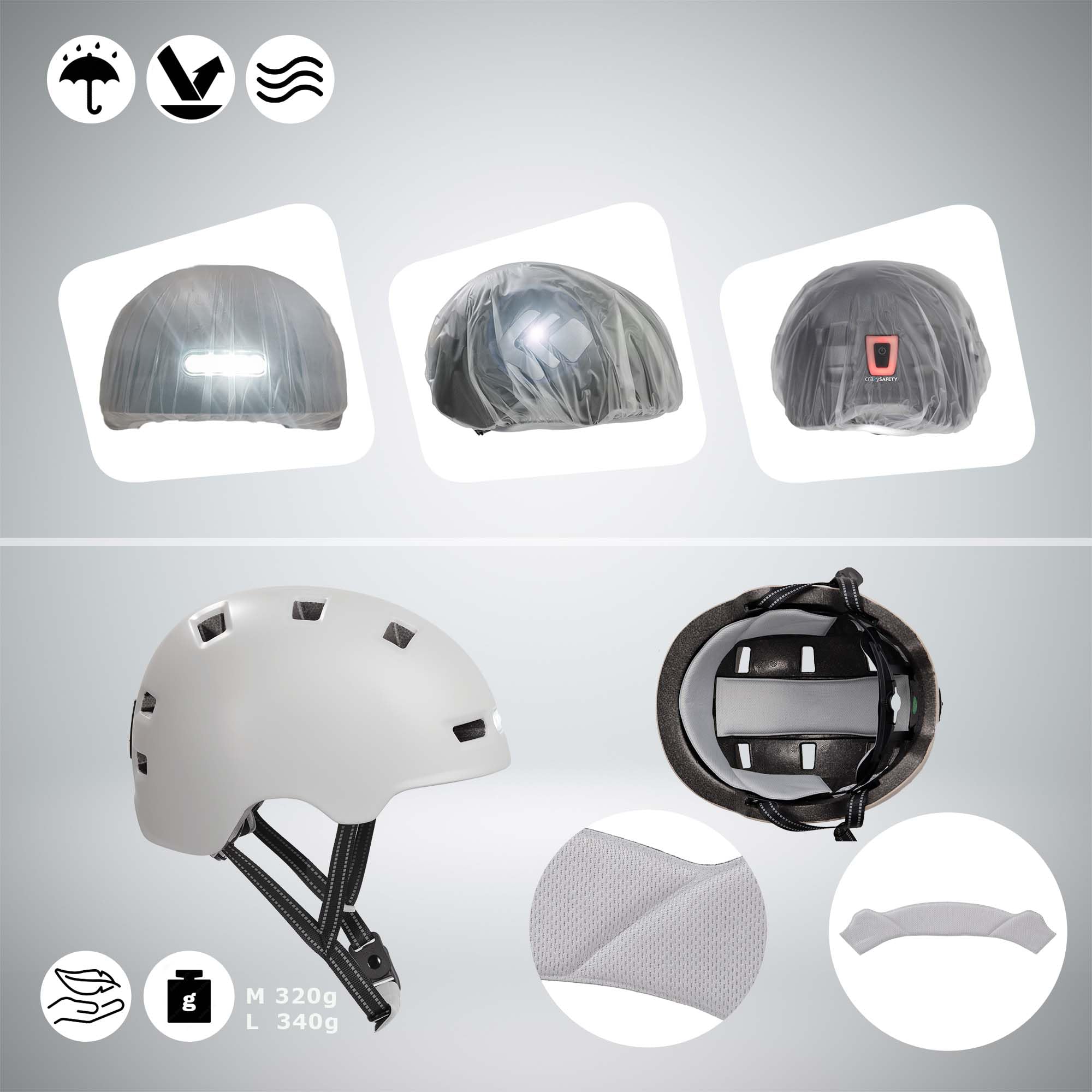 Crazy Safety Vertigo Casque De Vélo Blanc Mat Lumière Avant Et Arrière USB | Casque pour Trottinette, Skateboard, Rollers et Vélo BMX, Casque de Vélo de Ville pour Hommes et Femmes | M 54-57cm
