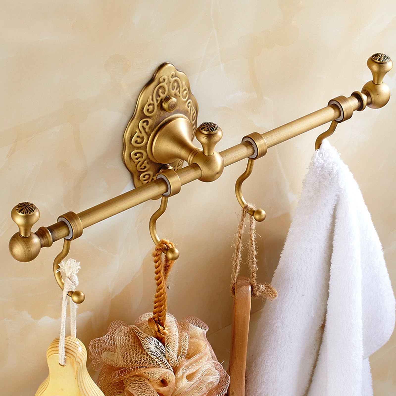 Appendiabiti da parete in ottone anticato vintage con 4 ganci per accappatoi, asciugamani e accessori da cucina
