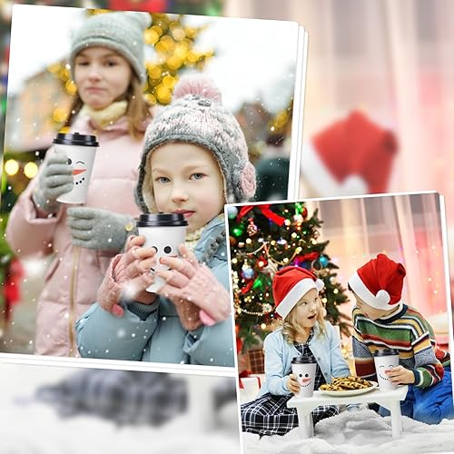 Miniatura 5 de Sliner 120 tazas de café de papel desechables de Navidad con tapas, tazas de cacao de 12 onzas, tazas de papel de té, tazas de muñeco de nieve,