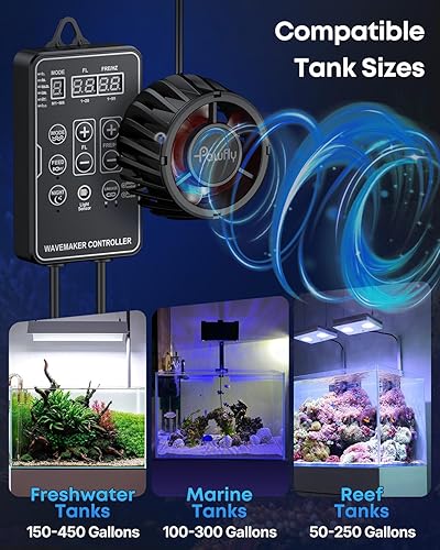 Miniatura 2 de Pawfly 3400 GPH Wave Maker para acuario, cabezal de alimentación de acuario DC 24V 20W con controlador LED, agitador sumergible silencioso, bomba de