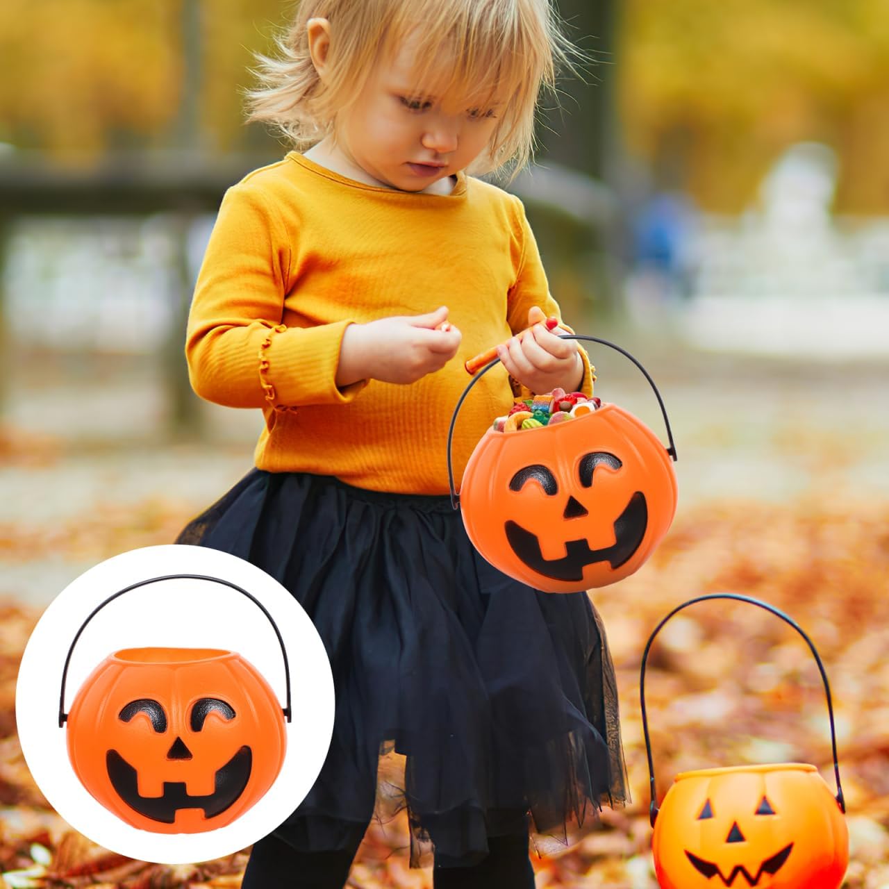 Halloween Pumpkin Bucket with Handle 6.7 Inch Portable Plastic Candy Pail for Party Decoration