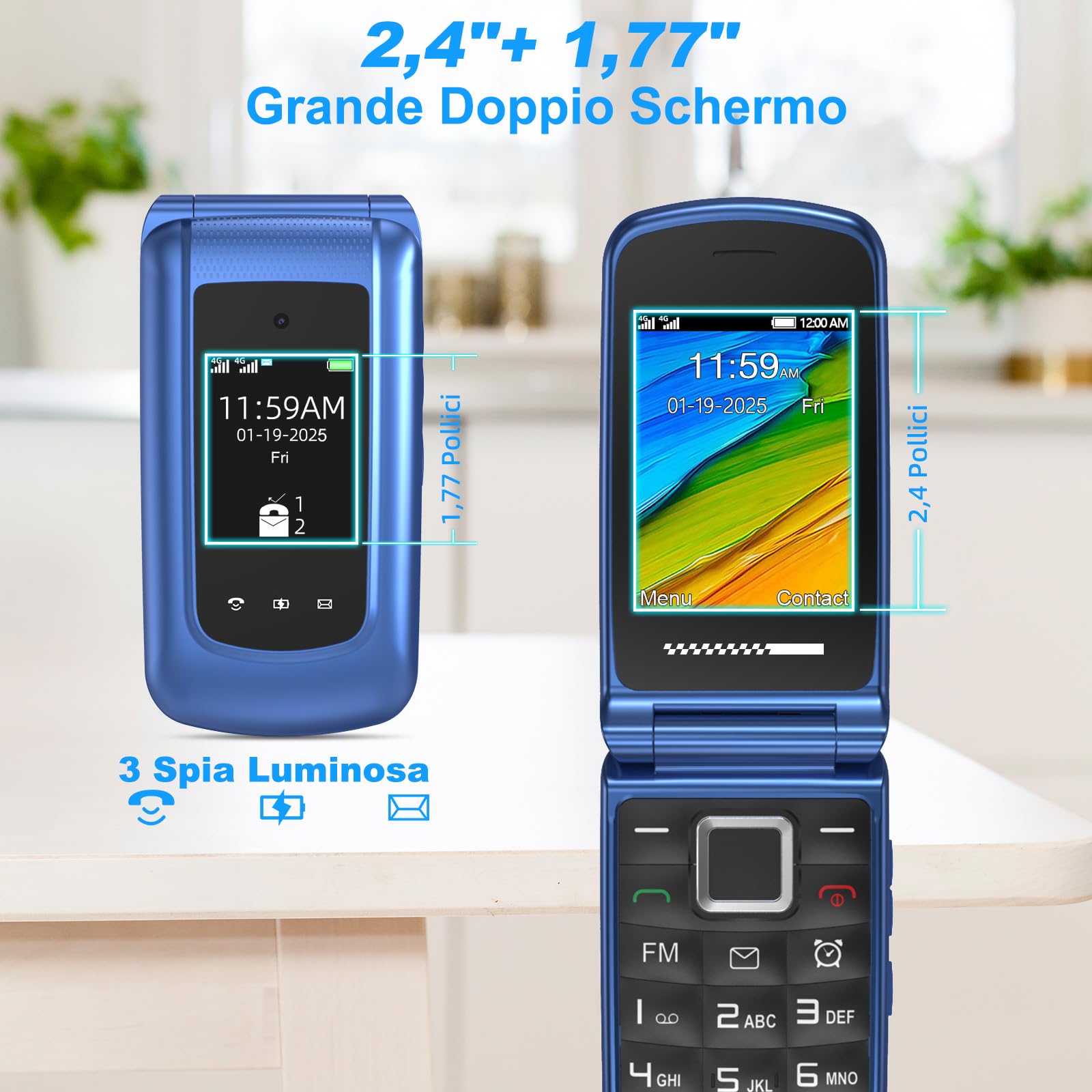 Telefono Cellulare per Anziani 4G, Telefoni Cellulari Tasti Grandi a Conchiglia Volume Alto Schermo da 2,4 e 1,77 Pollici Doppia SIM Funzione SOS Base di Ricarica Chiamata Rapida Torcia Sveglia, Blu