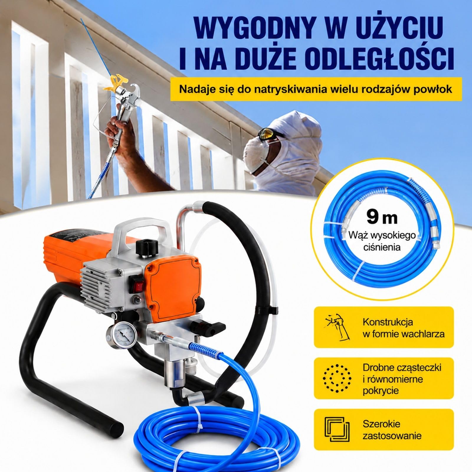 Bezpowietrzny agregat malarski 1800 W, 3000 PSI, 1,8 L/min z pistoletem, wężem, regulacją ciśnienia do ścian, sufitów, drewna, metalu