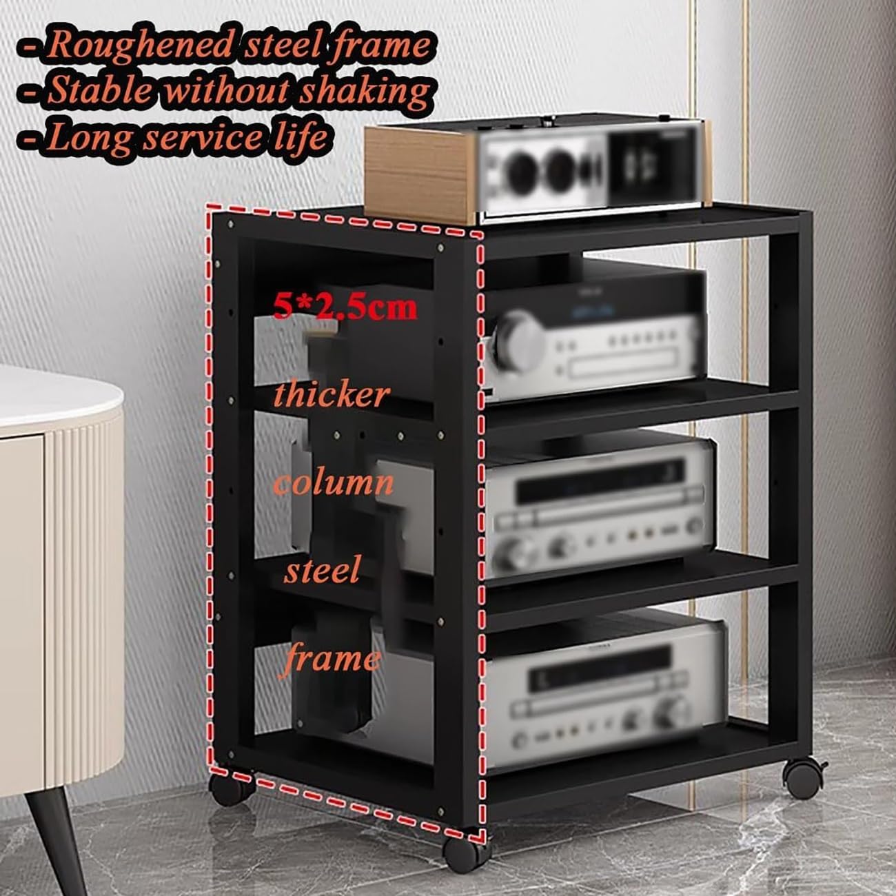 Generico Rack Audio Mobile con Ruote Universali,Mobiletto Portaoggetti Stereo Audio A 7 Ripiani,Mobile Stereo Hi Fi Rack HiFi per Soggiorno, Ufficio, Home Theater,Supporto TV Angolare(Nero)