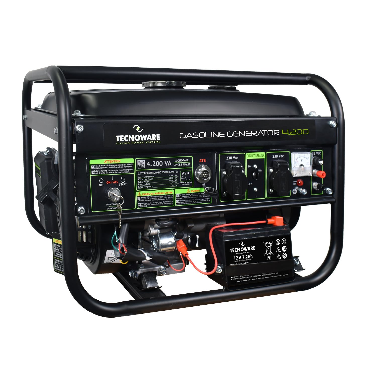 Tecnoware Power Systems - Generador de Corriente 4200 VA, Motor Gasolina 4 Tiempos, Arranque Eléctrico y Manual, Depósito 15L, Compacto y Portátil, Ideal para Camping y Construcción