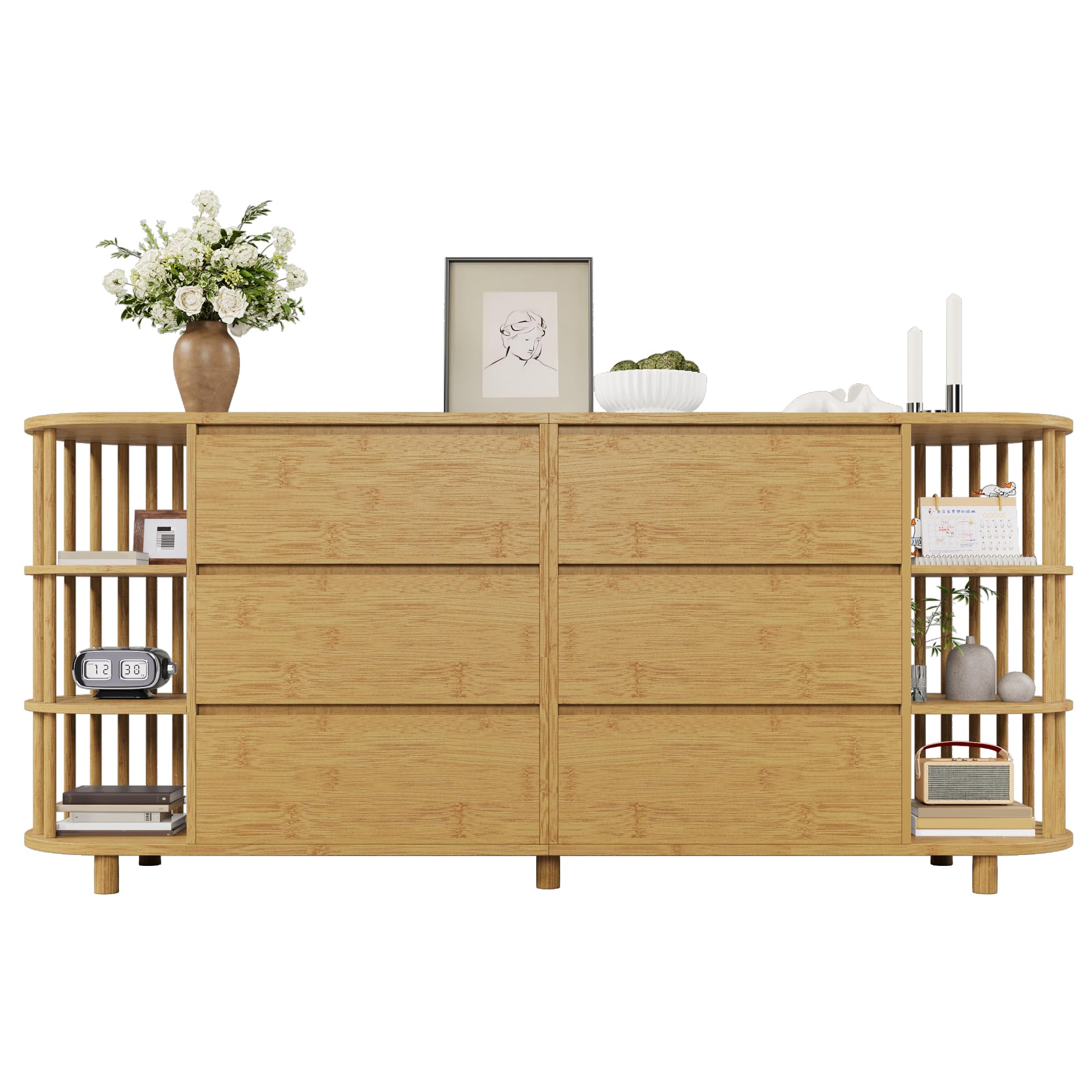 I0I&I0I Kommode Sideboard 160cm Eiche Römisches Design mit Säulen & Bambus-Regalen, Schubladenschrank mit 6 Schubladen & Offenen Regalen, Höhenverstellbare Füße, Stabil & Modern (Stil 1)