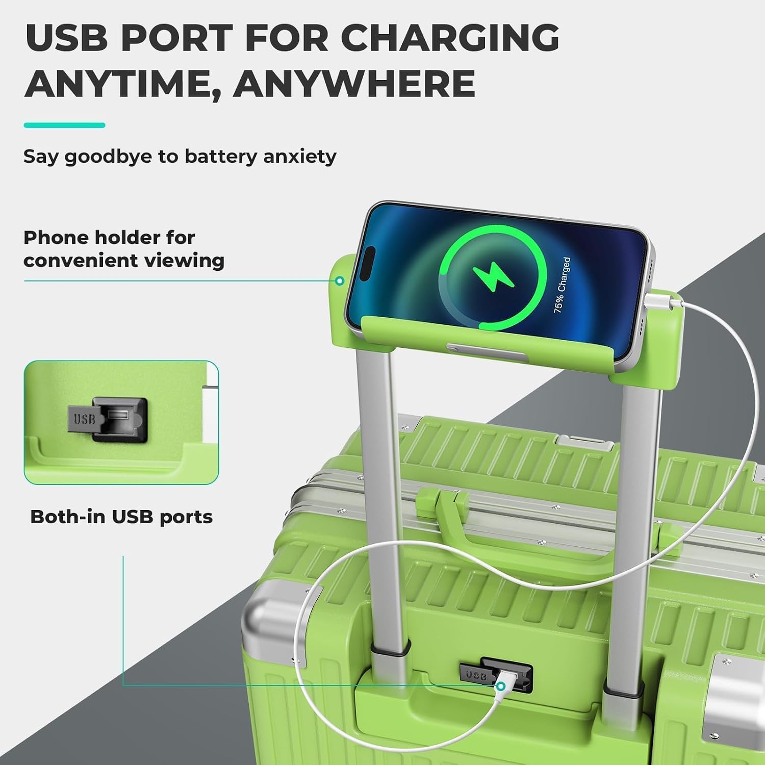 20 Inch Carry On Luggage, Zipperless Aluminum Frame PC Hardside Suitcase with Cup Holder & Charger, Airline Approved TSA Lock & 360° Spinner Wheels for Business Weekend Trip