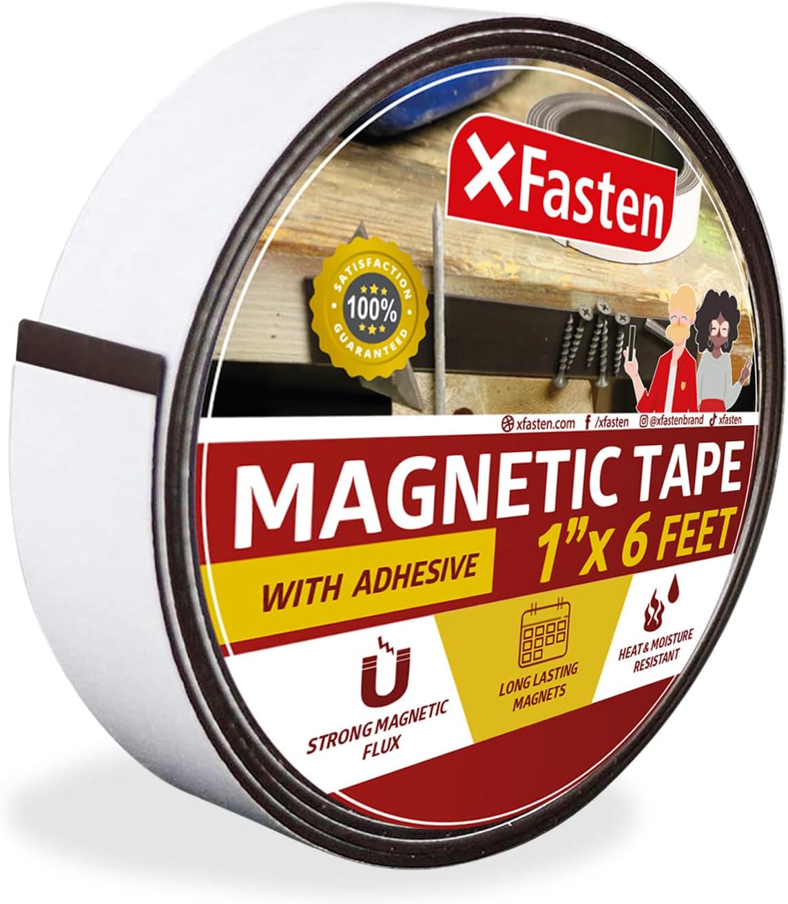XFasten Adhesive Magnetic Tape Roll, 1-Inch X 6-Foot Double Sided Magnetic Tape for Classroom, Wall, Magnet Strip for Refrigerator, Magnetic Mounting Tape, Sticky Magnetic Strips with Adhesive Backing