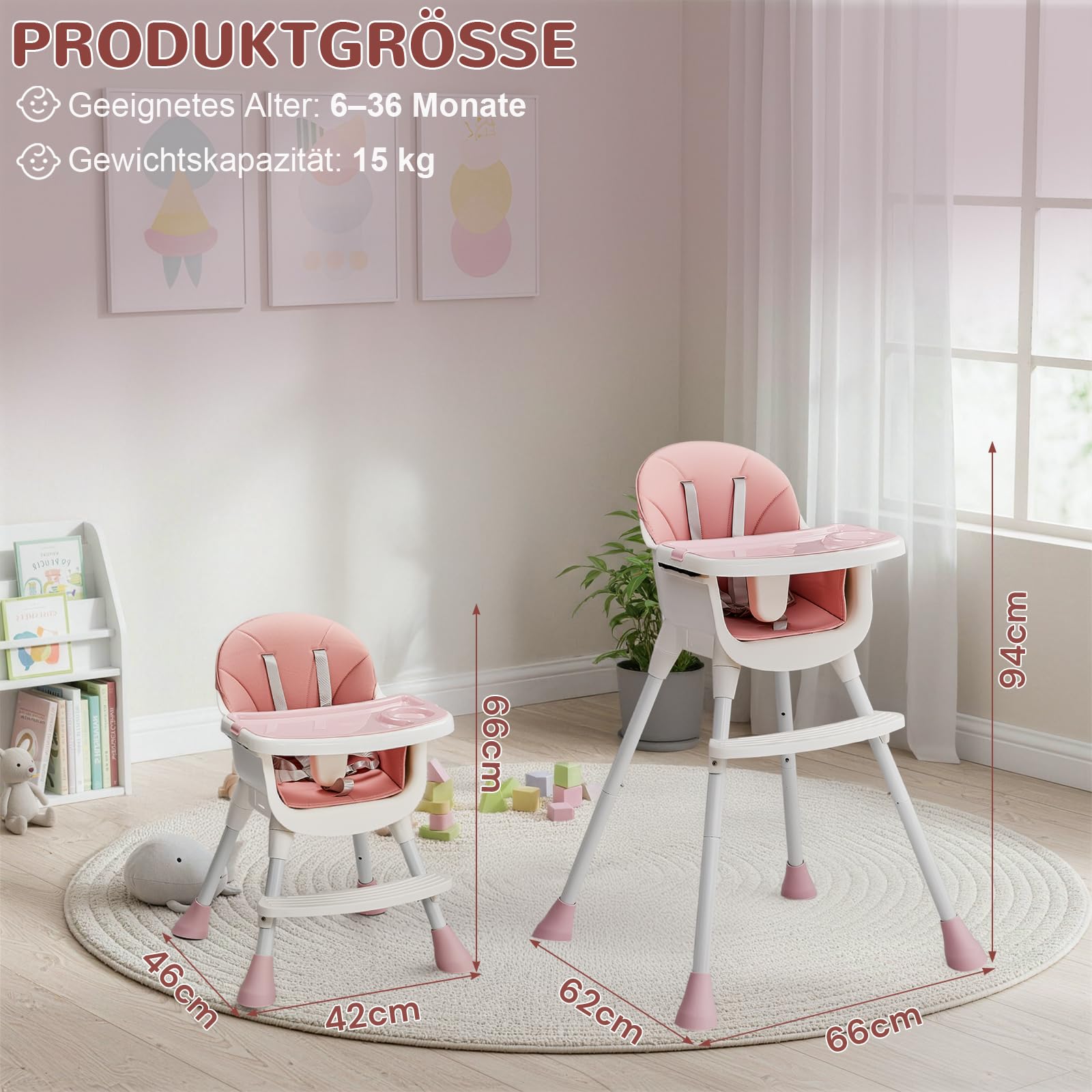 LEADZM 3 in 1 Babyhochstuhl, Verstellbar zum niedrigen Kinderhocker, Abnehmbares Doppeltablett, Mit 5-Punkt-Sicherheitsgurt, Maximale Belastung 15 kg, Geeignet für Babys von 6 bis 36 Monaten (Rosa)