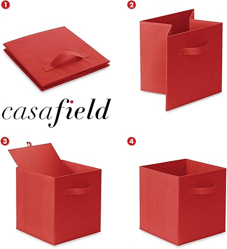 Miniatura 6 de Casafield Juego de 12 cubos de almacenamiento plegables de tela, color rojo, cestas de tela plegables de 11 pulgadas para estantes, organizadores de
