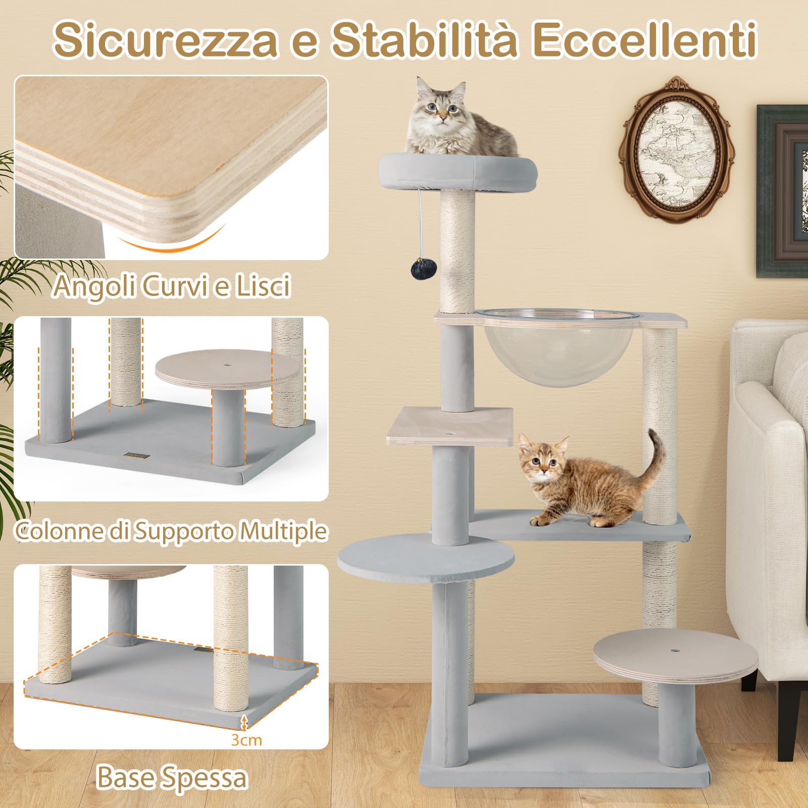 COSTWAY Tiragraffi per Gatto Alto 113 cm con Capsula Spaziale, Albero Tiragraffi Gatti con 4 Pali in Sisal, Piattaforme, Trespolo e Pompon, Torre Gatto in Legno Solido, Naturale e Grigio