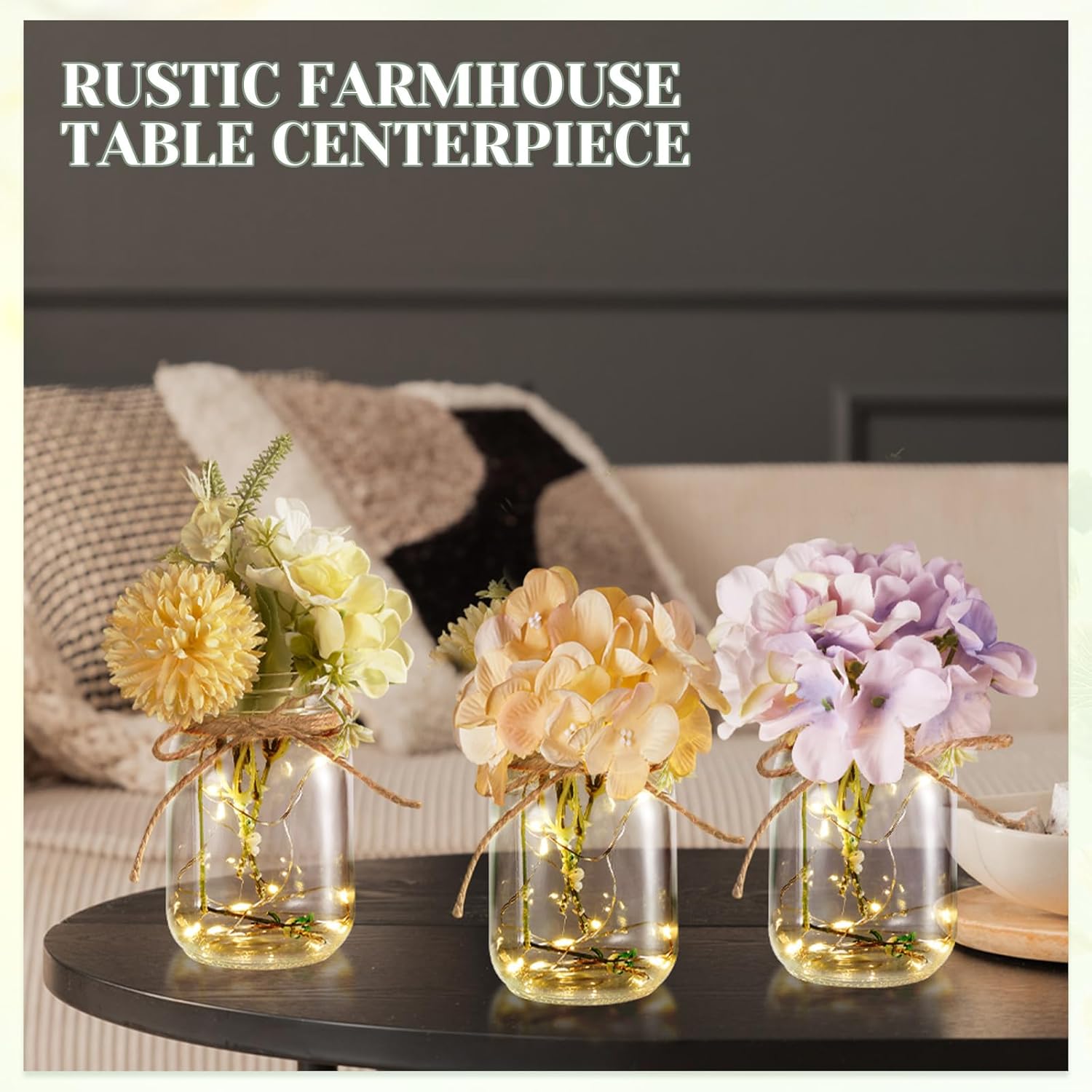Chunful 6 Pcs Glass Mason Jar with LED Lights for Table Centerpiece Decorations Set Clear Rustic Farmhouse Coffee Table Decor with LED Lights for Wedding Dining Room Kitchen Decor (Warm Light)