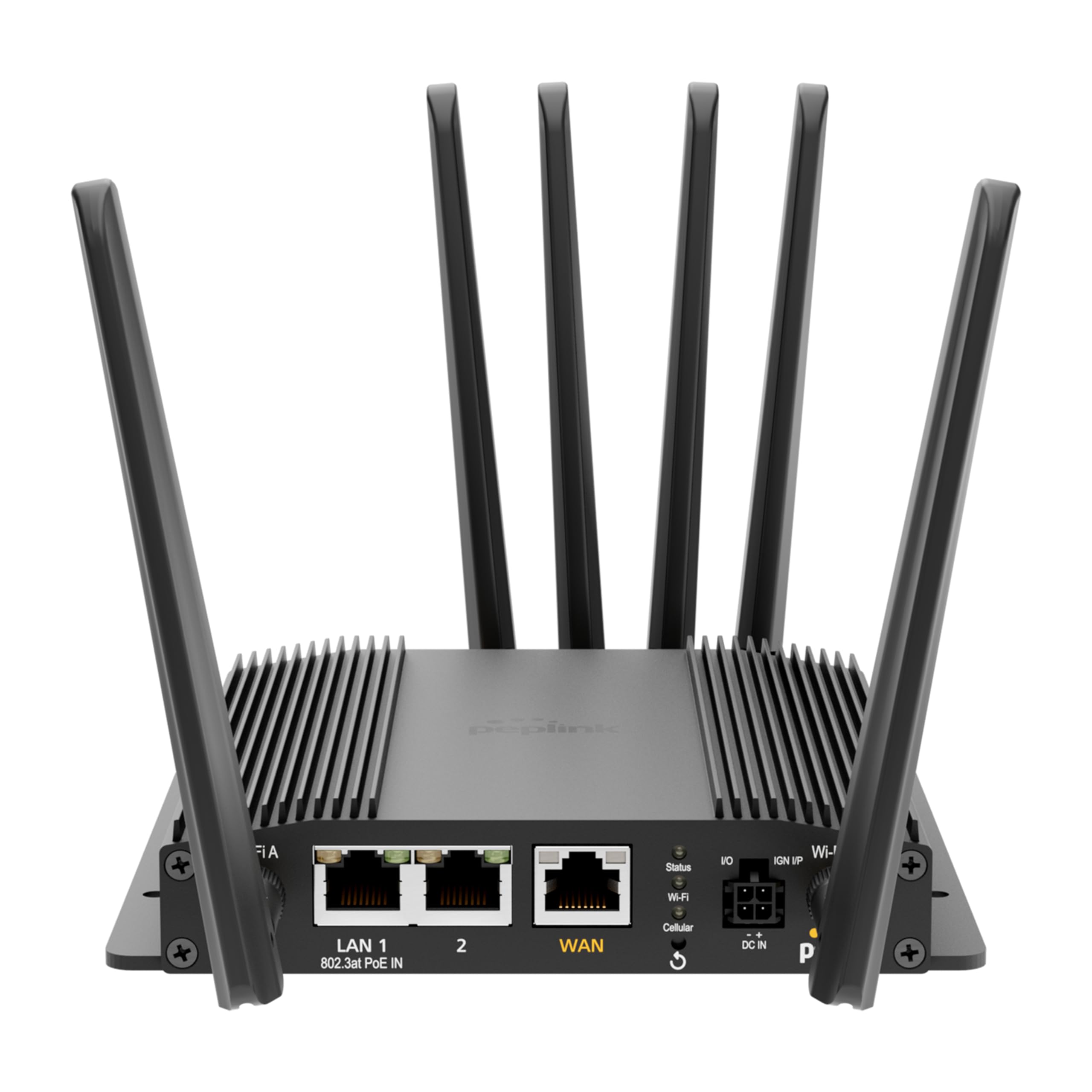 Rear view of Peplink MAX BR1 Pro 5G (HW3) router showing cellular and GPS antenna ports and SIM slots