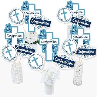Confirmation Blue Elegant Cross - Boy Religious Party Centerpiece Sticks - Table Toppers - Set of 15