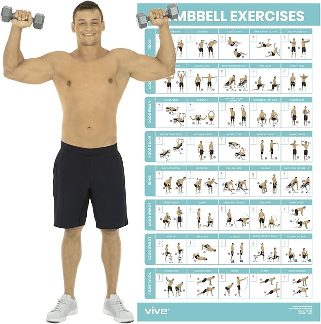 Vive Dumbbell Exercise Poster - Home Gym Workout for Upper, Lower, Full Body - Laminated Bodyweight Chart for Back, Arm, Core and Legs - Free Weight Building Guide For Men, Women, Elderly (30" x 17")