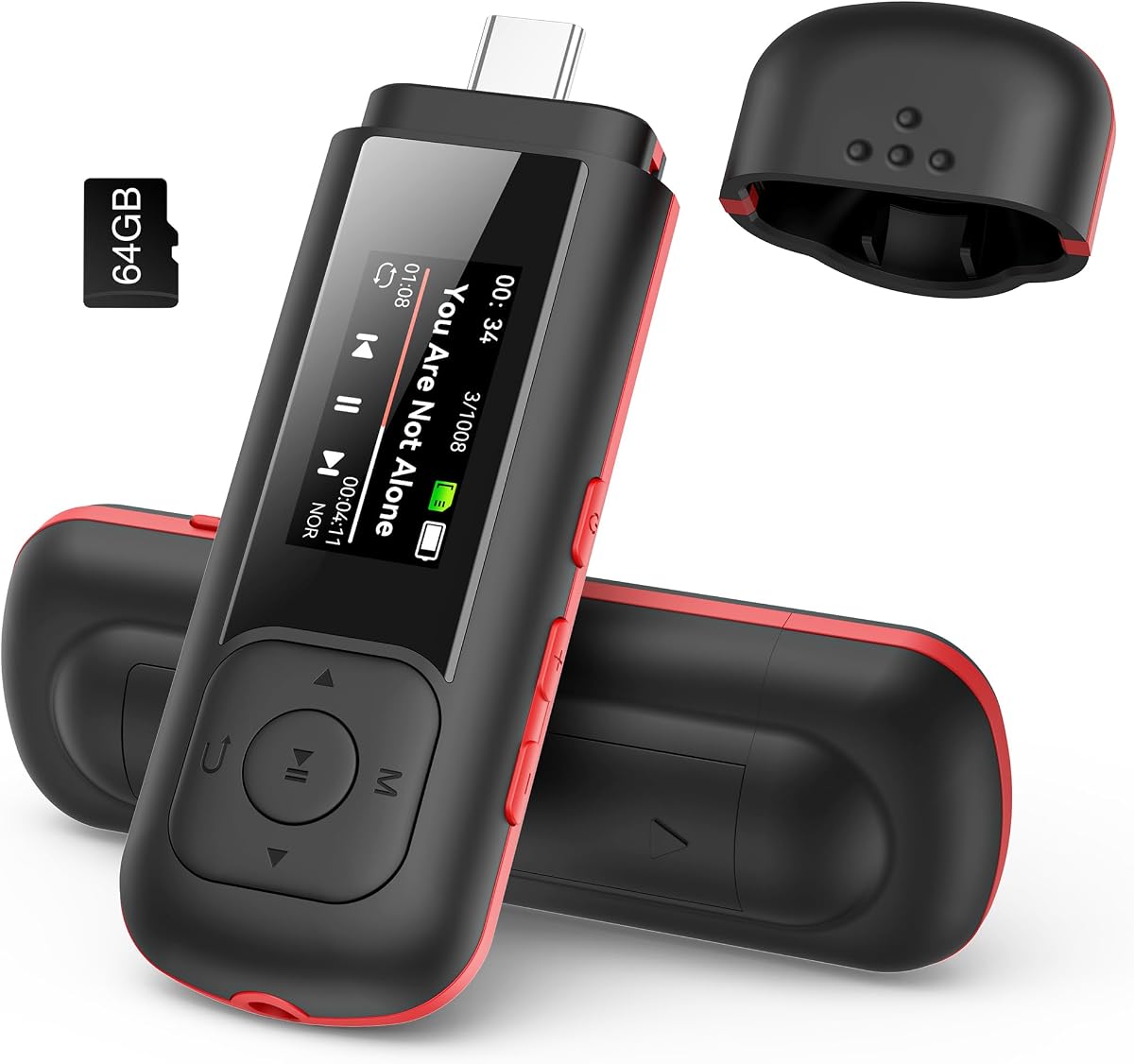 AGPTEK 64GB USB C MP3 Player, A55PL 2 in 1 Type-C & USB Stick Music Player | Supports Replaceable AAA Battery, FM Radio, Recording