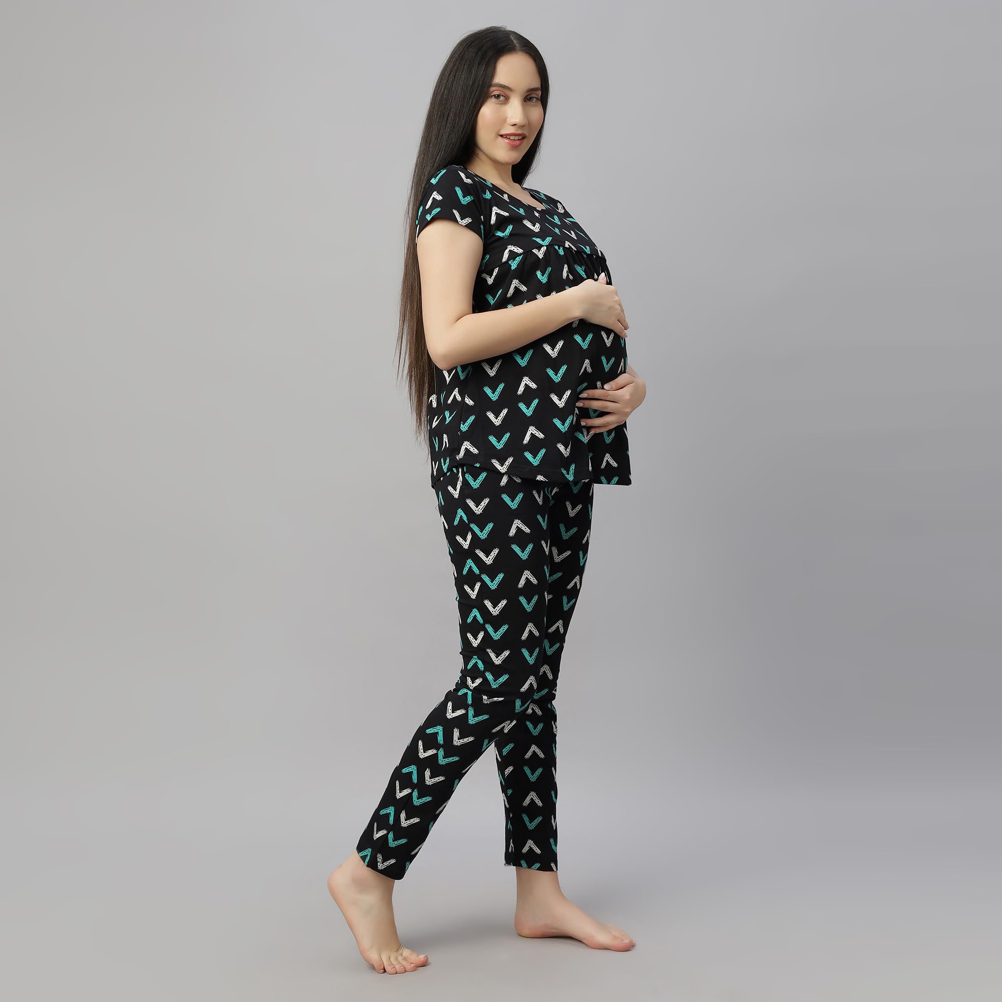 DZZO Women's Cotton Printed Maternity Night Suit | Comfortable Feeding Night Dress | Soft & Breathable Nursing Pajama Set | Color - Black, Size - L - Image 3 thumbnail