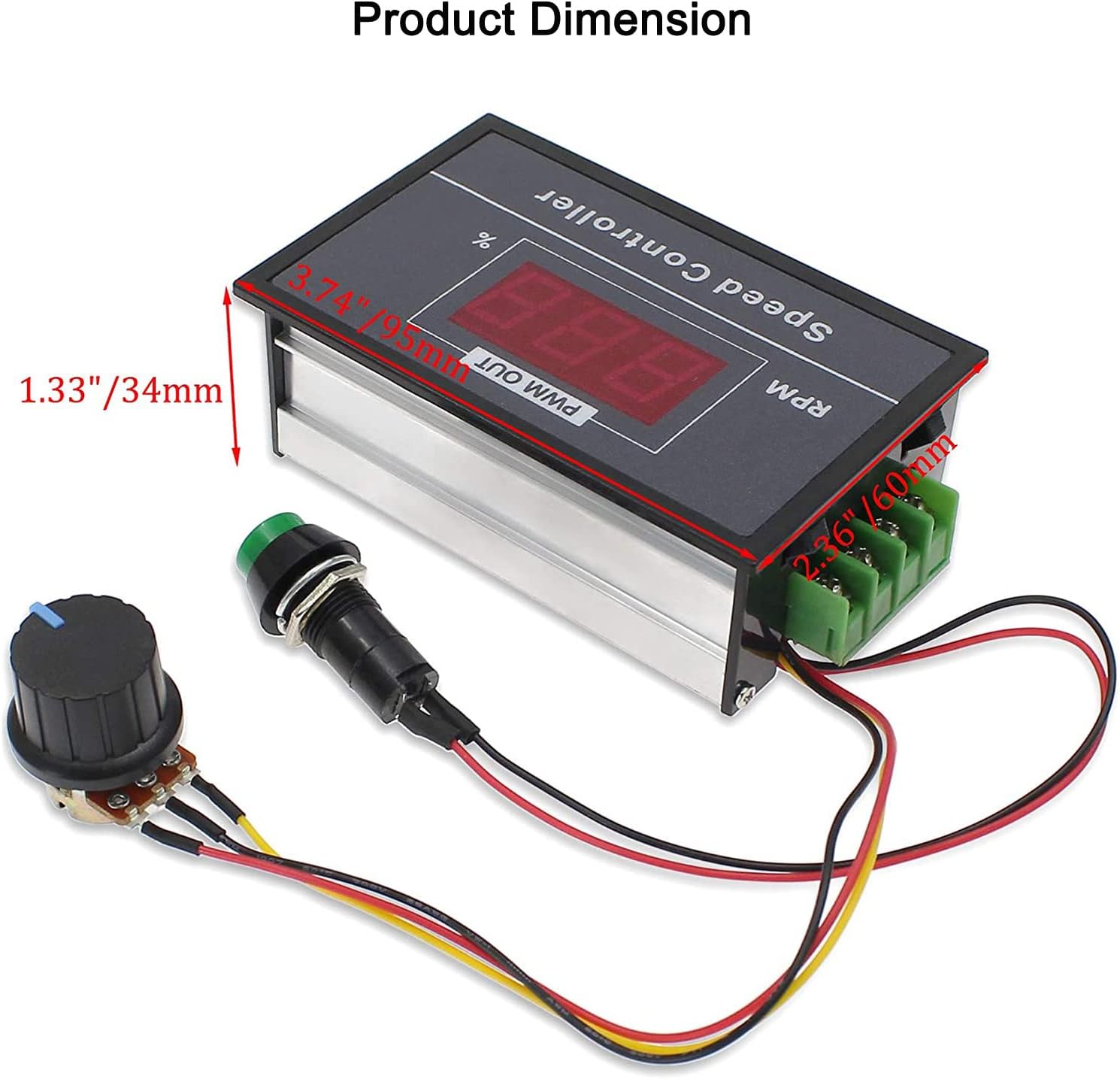 Product dimensions of the Greluma PWM DC Motor Speed Controller, showing measurements in centimeters and inches.