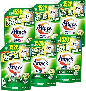 【箱装销售】アタック抗菌EX 室内晾干用 高湿度90%密集晾干也能达到阳光晾干般的强力除臭 洗衣洗涤剂 液体 补充装 1520克×6个