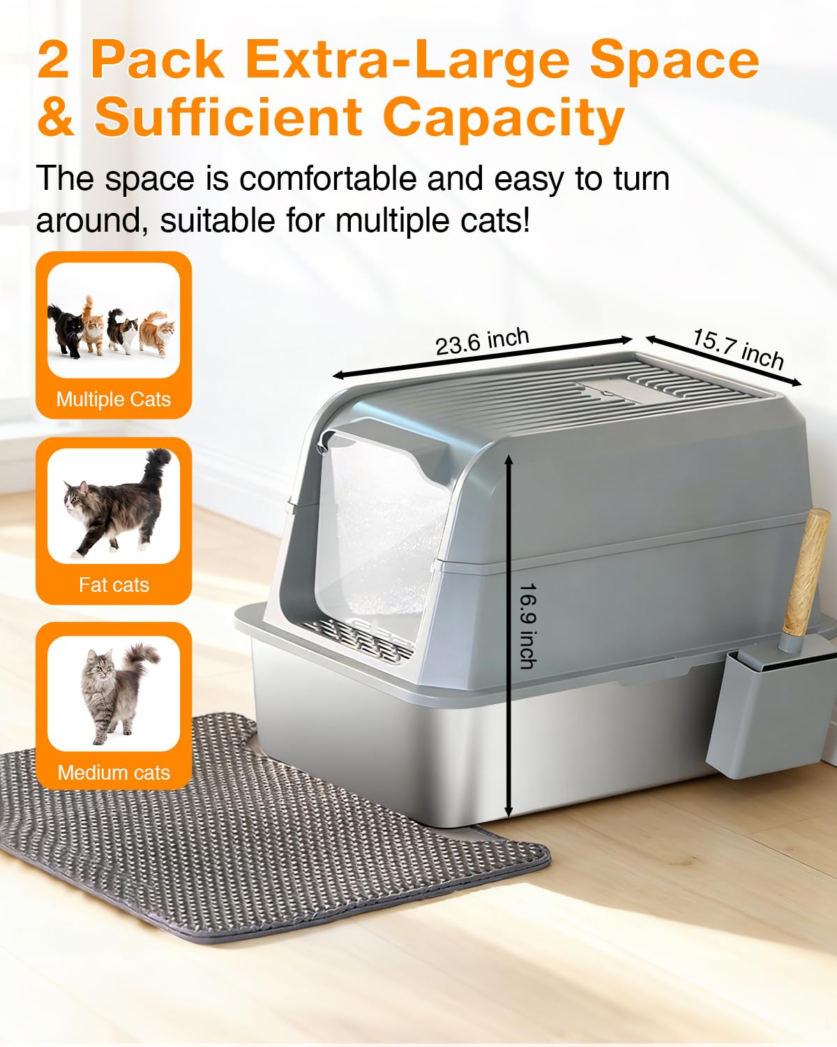 PETUX 2-Pack Stainless Steel Litter Box with Lid - High Sided, Odor-Proof, Anti-Leakage, Non-Stick, Easy to Clean and Extra Large Enclosed Litter Box with Scoop and Non-Slip Mat for Multi-Cats - Grey - image 2