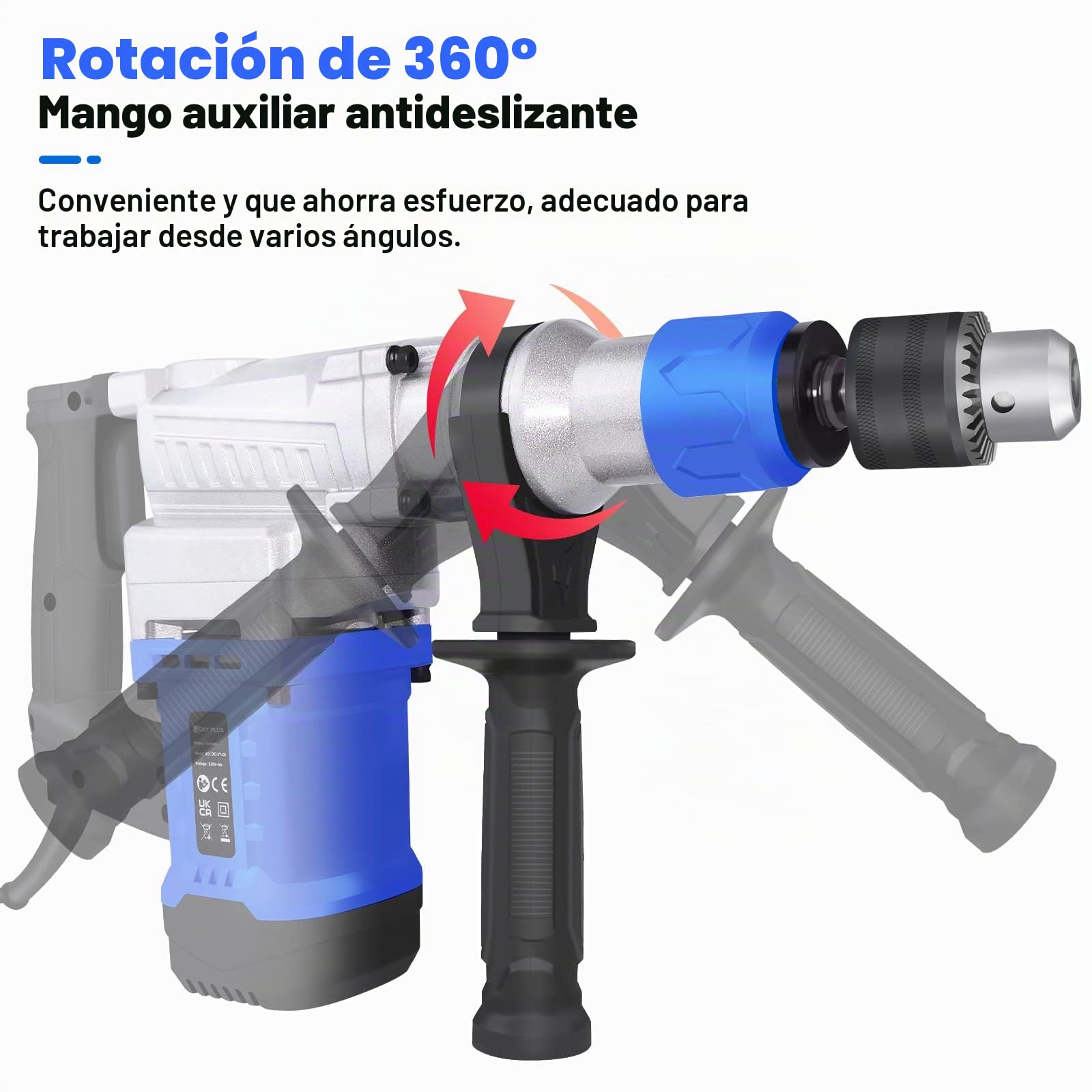 Kit de martillo de demolición eléctrico 1500 W con mango giratorio de 360°, 6 velocidades variables, con grasa, cincel, brocas