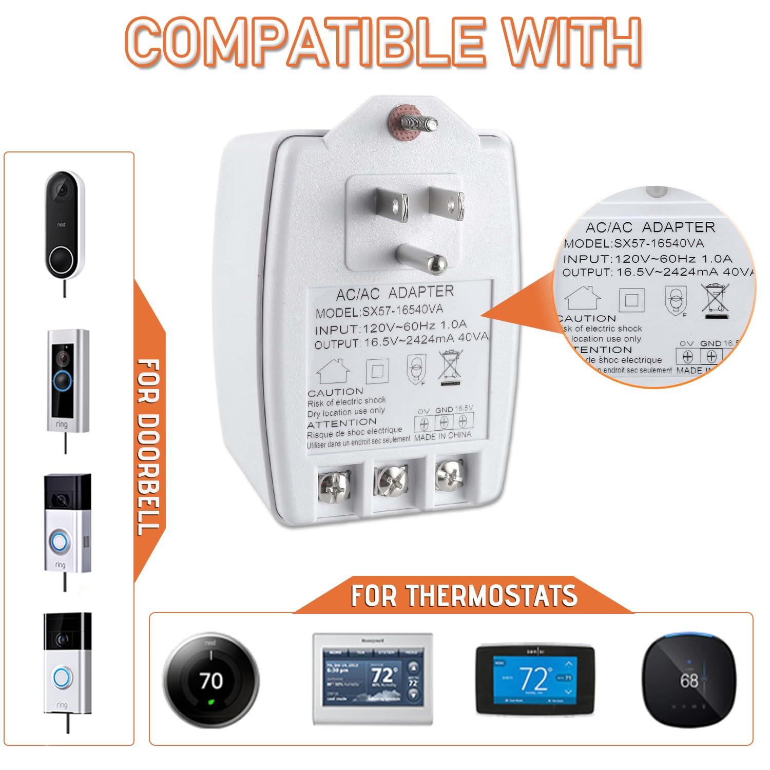 16.5 Volt Doorbell Transformer 16.5VAC 40VA 2424mA Plug in Transformer with PTC Fuse Compatible with Nest Ecobee Sensi and Honeywell Thermostat and All Versions of Ring Doorbell