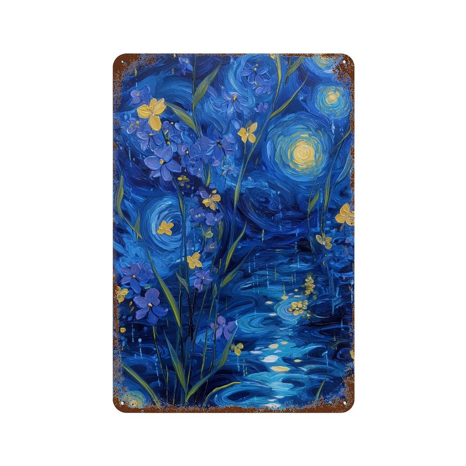 Starry Night Iris Garden Weathered Tin Sign 11.8"x7.9", Classic Wall Plaque for Patio, Garden Room And Bar Decor