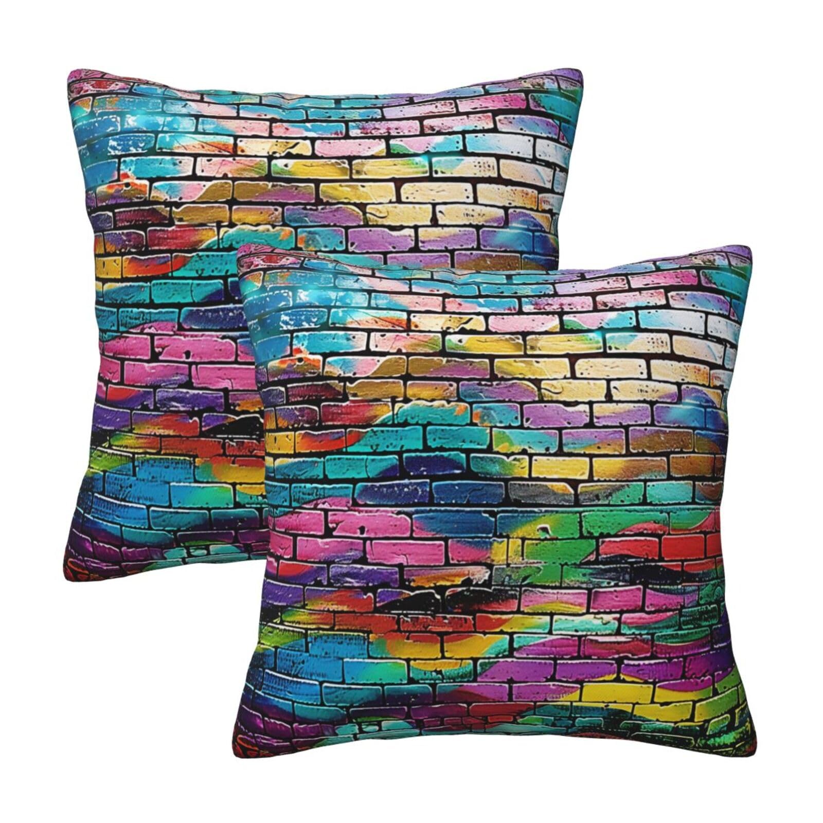 Graffiti Colorful Brick Throw Pillow Cases 2 Pack Square Pillowcases Soft Pillow Protectors for Couch Livingroom Sofa Bed Office Car,45x45 CM
