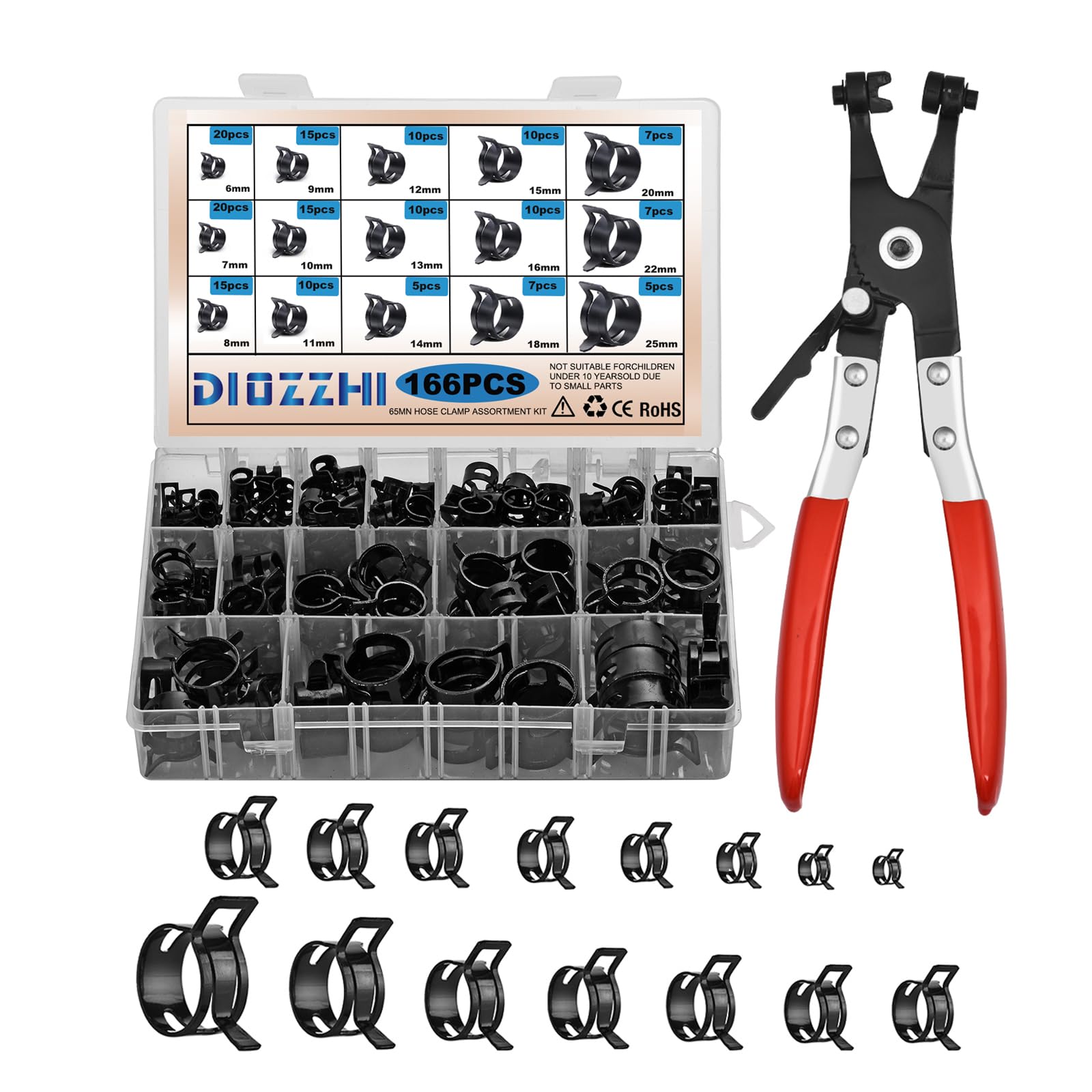 Assortiment de 166 colliers de serrage à ressort avec pince à bec plat 6-25 mm 15 tailles - pour conduites de carburant, tuyau d'aspiration en silicone, petite pince en acier avec revêtement Dacromet