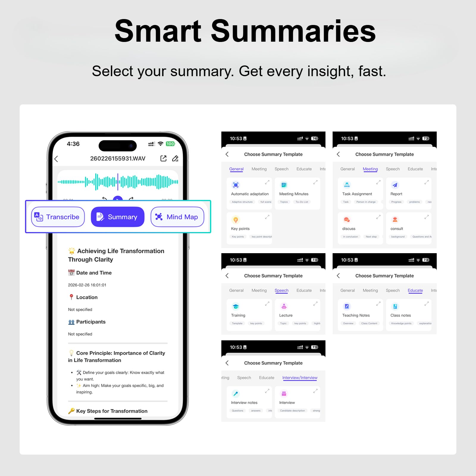 SKARA Grabadora de Voz IA, AI Voice Recorder con Transcripción en 150 Idiomas, Resumen IA y Mapas Mentales, Mini Grabadora Digital Inteligente con App para Reuniones, Clases y Entrevistas