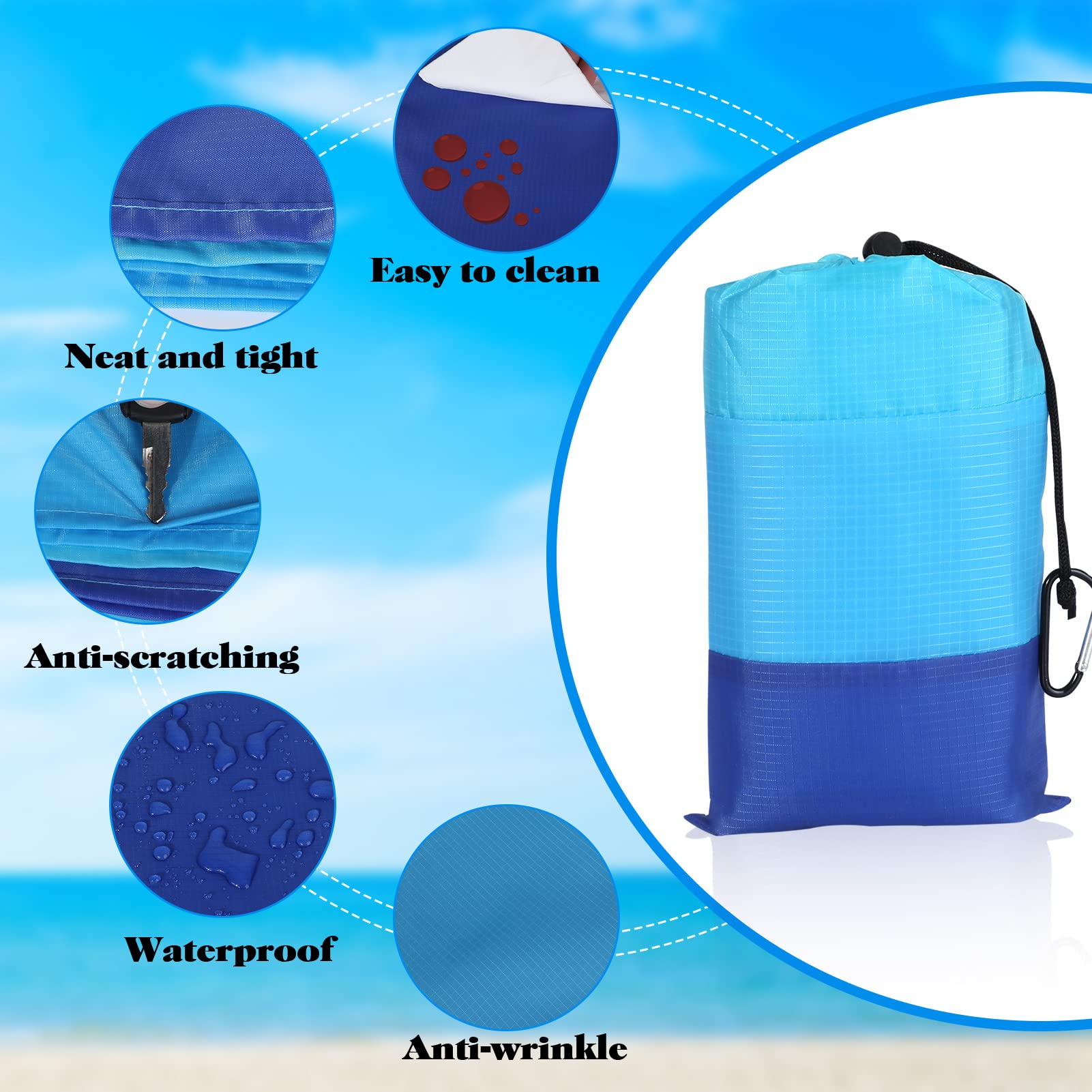 Tapis De Plage Imperméable Anti-sable 200x140 Cm - Couverture Avec 4 Piquets, Bleu Dégradé - Pour Plage, Camping, Pique-nique - Jusqu'à 8 Personnes