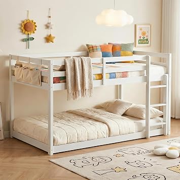 Bunk Bed Twin Over Twin, Wooden Floor Bunk Bed with Ladder | White Twin Bunk Bed with Full Guardrails & Reinforced Slats, Sturdy Bunk Bed for JKids, Teens, Juniors, Bedroom & Dorm