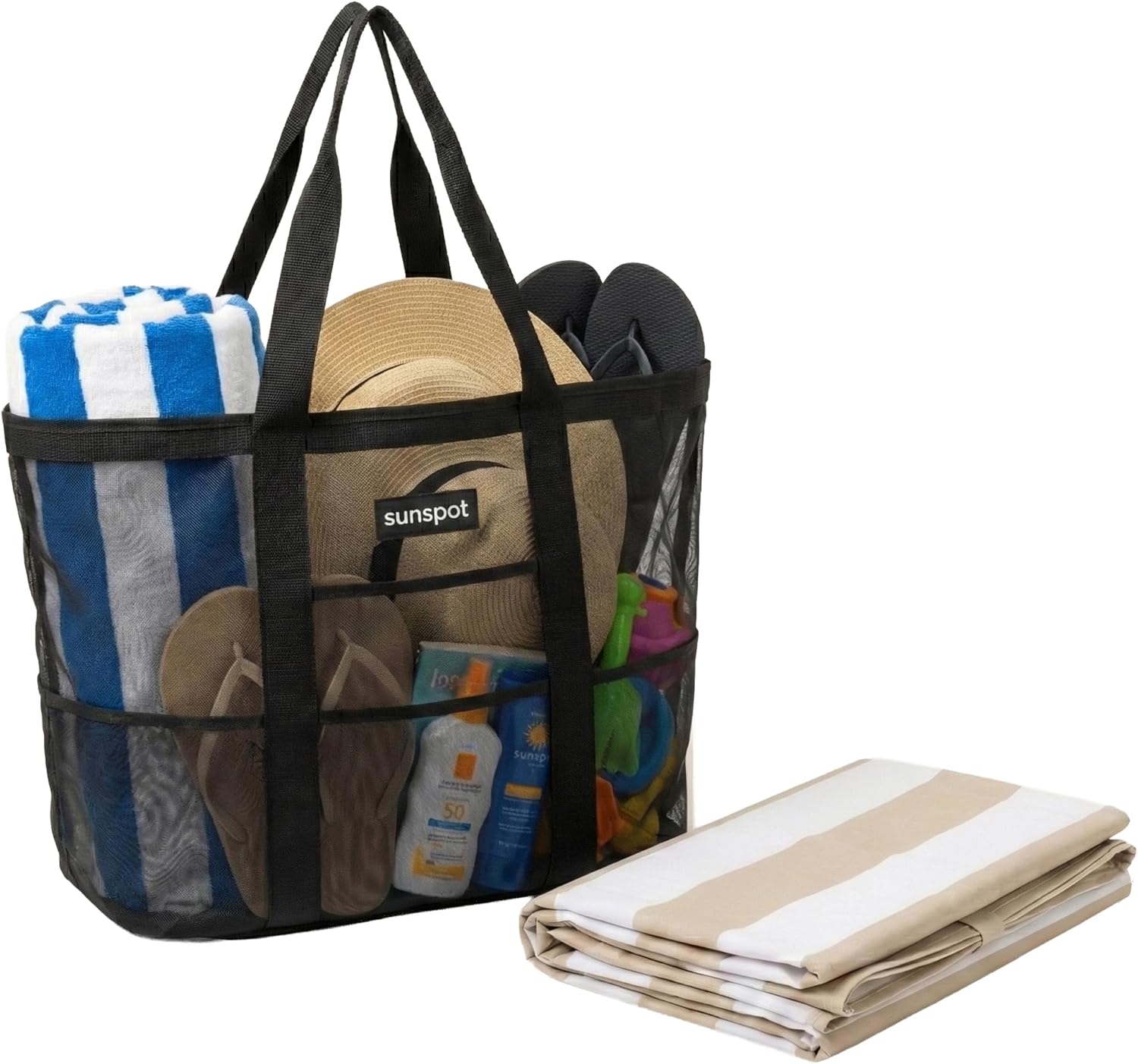 SunSpot 2-in-1 Mesh Beach Bag Includes 7ft X 7ft Large Blanket, 60L family Tote, Water-Resistant, Sandfree, Pockets & Anchors