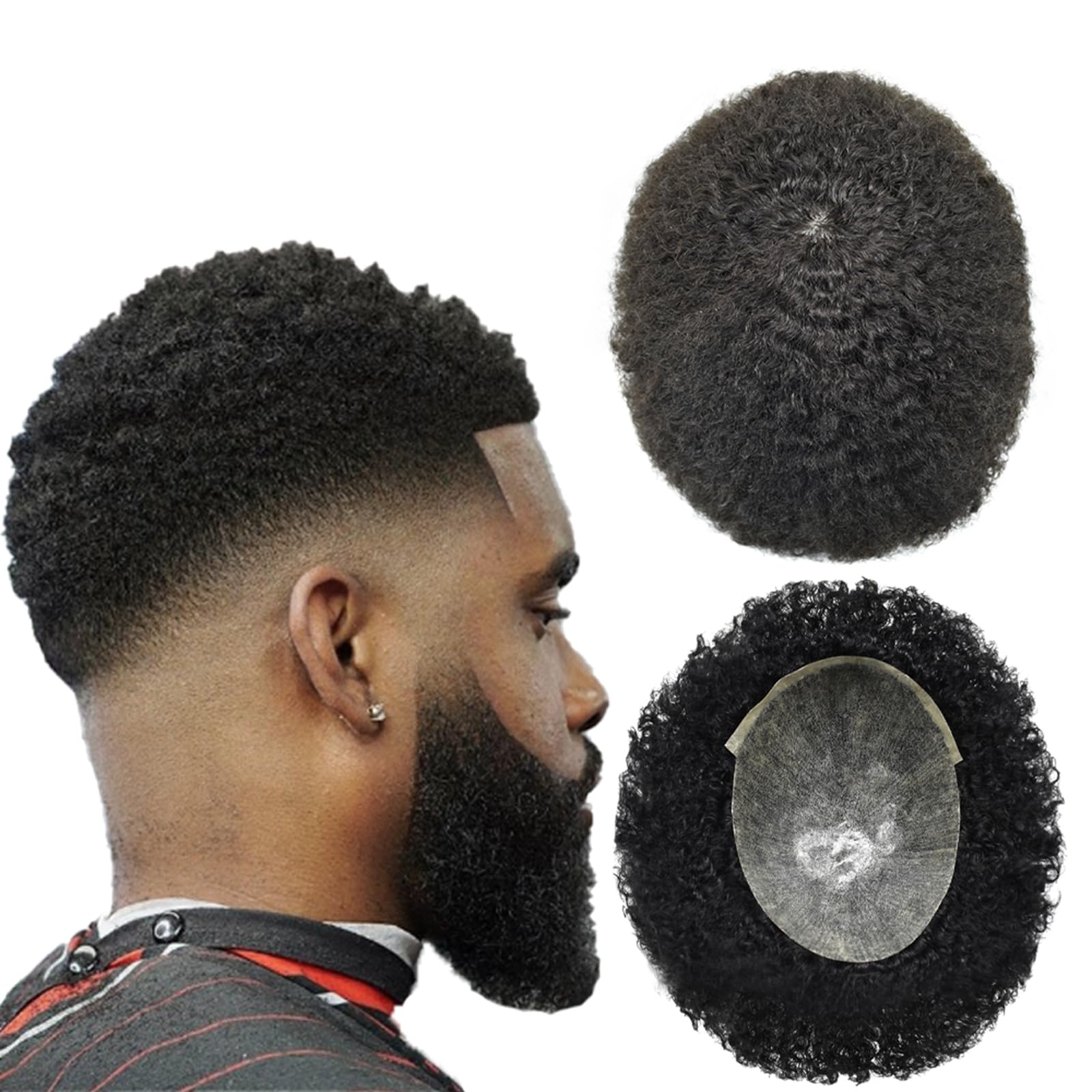 Afro Toupee for Black Men Full Poly Skin PU Curly Human Hair Replacement Systems African American Man Weave Hair Units 8X10inch 6mm Afro Wavy-1B#
