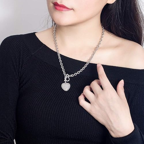 Vista 4 de Collar de plata de ley 925 para mujer, collar con colgante de corazón noble de plata maciza, cadena Rolo de 17-19 pulgadas, accesorios de joyería