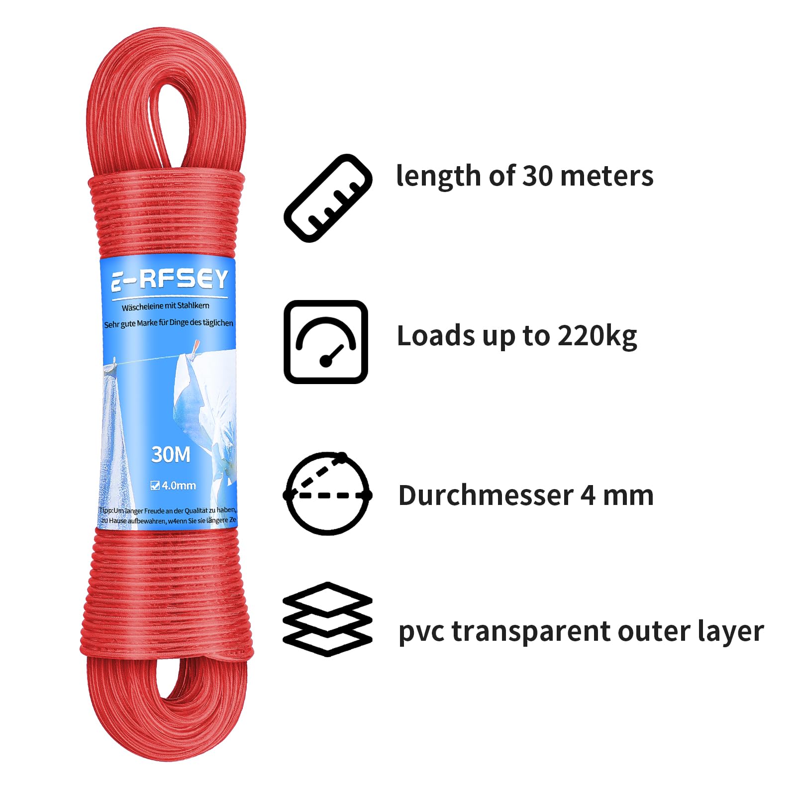 E-RFSEY Extra Strong 100ft Washing Line, Outdoor Washing Line, Waterproof and Rustproof, Extremely High Load Capacity - Image 3
