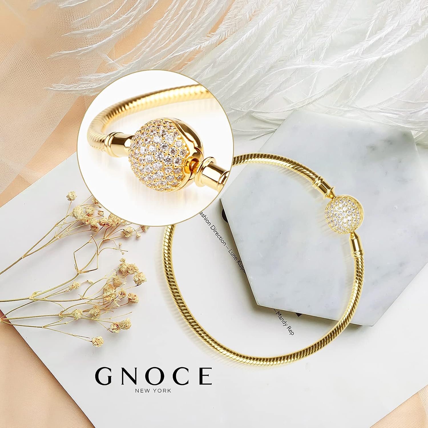 GNOCE Charm Bracelet Sterling Silver Rose Gold Plated DIY Snake Chain Endearing Gifts for Her Basic Charm Bracelet Dainty Bangle with Crystal Round Shape Clasp