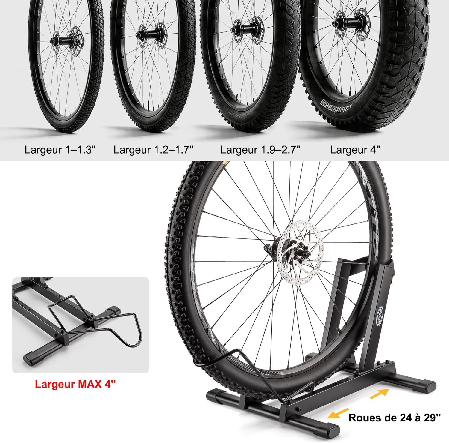 CXWXC Support de vélo de garage - Support de sol pour vélos de 20 à 29 pouces - Largeur des pneus 10,2 cm - Support de vélo électrique durable et peu encombrant