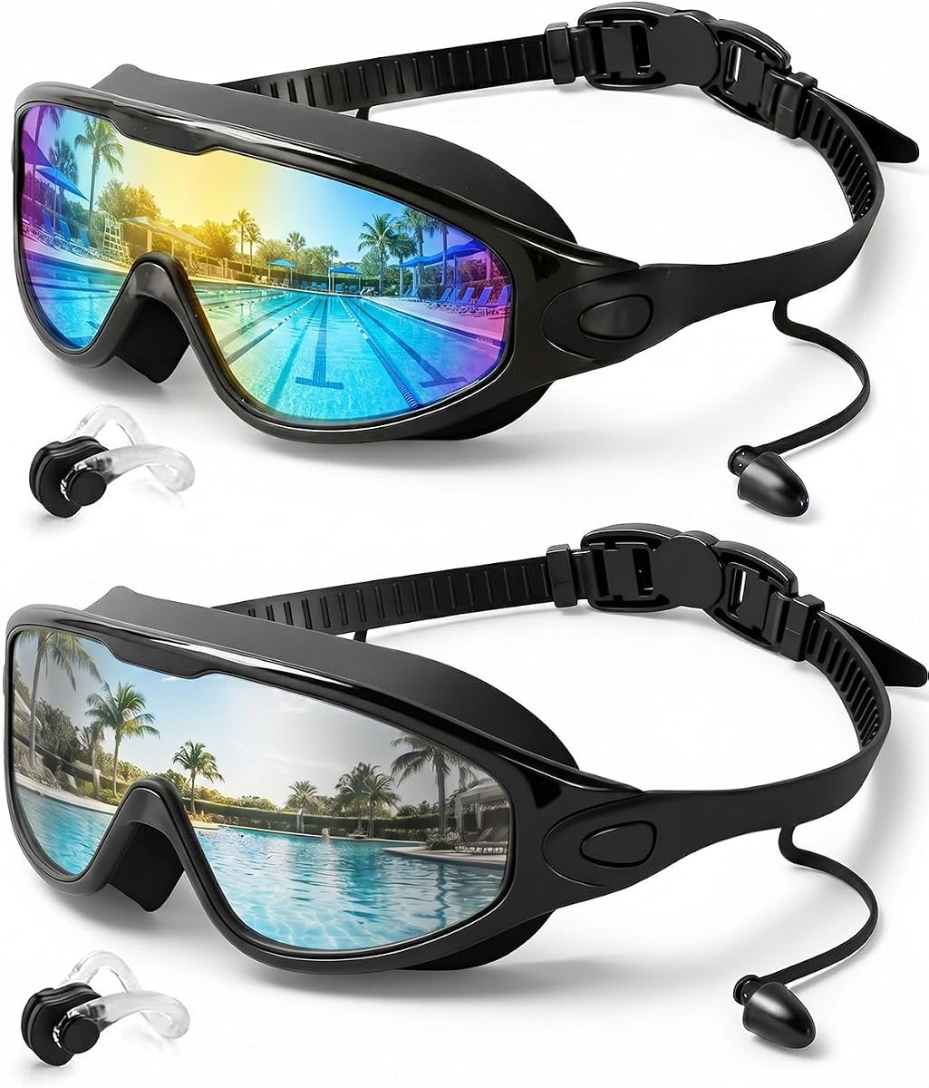 Swim Goggles 2 Pack, Wide View Anti Fog&UV Swimming Goggles for Audlt, No Leak Pool Beach Essentials for Men Women