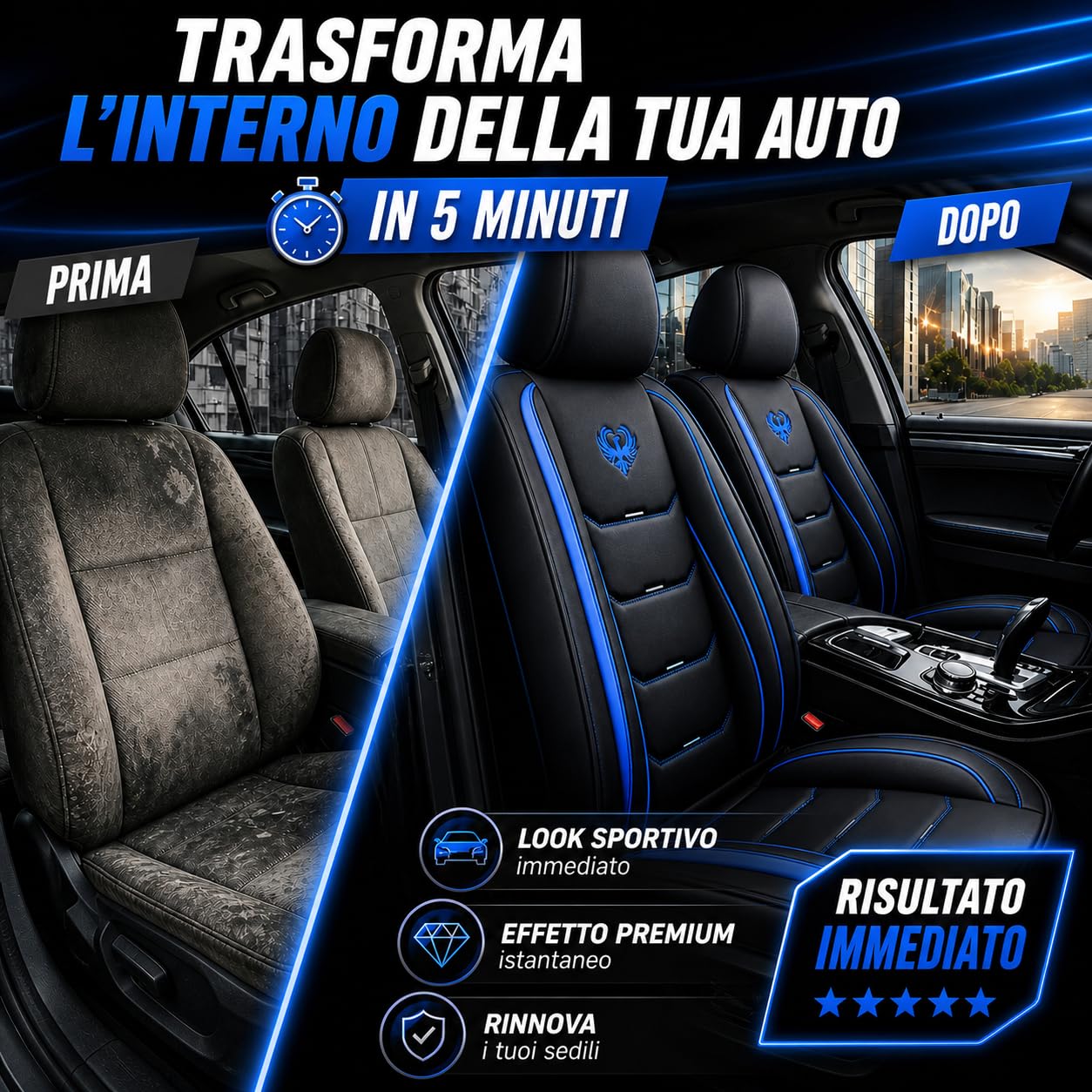 car passion 2 Housses Sportives universelles pour sièges Auto en Simili Cuir Avant avec appuie-têtes, compatibles airbags latéraux, Look Dynamique (2 Housses Bleues)