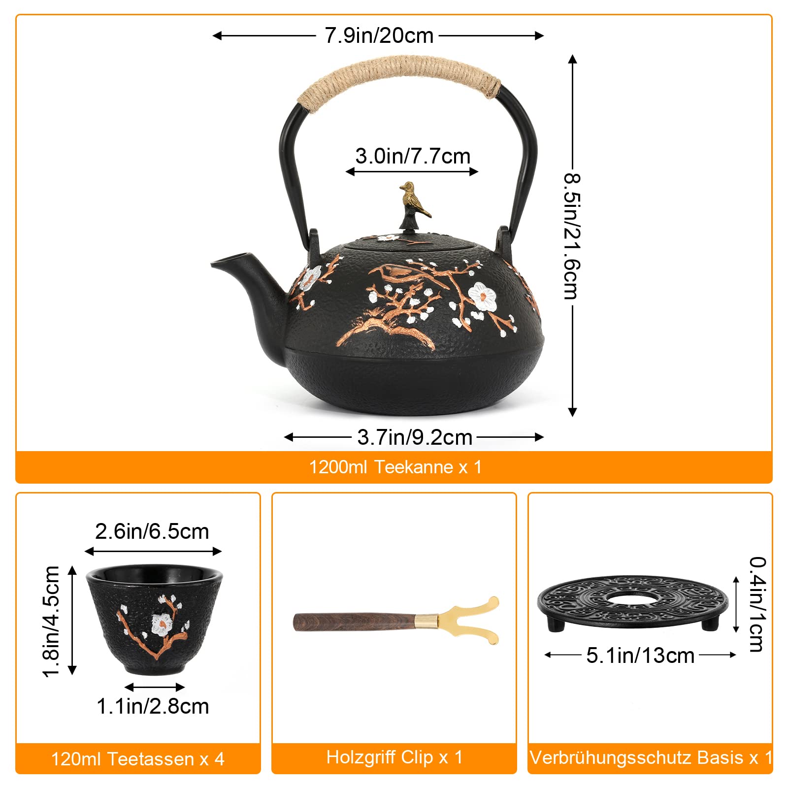 Dyna-Living Teekanne Gusseisen Set, Japanische 1,2 Liter Gusseiserne Teekanne 4 Teebecher, Basis, Edelstahl Sieb, Holzgriff Clip, Handbemaltes Elsternmotiv, Schwarz