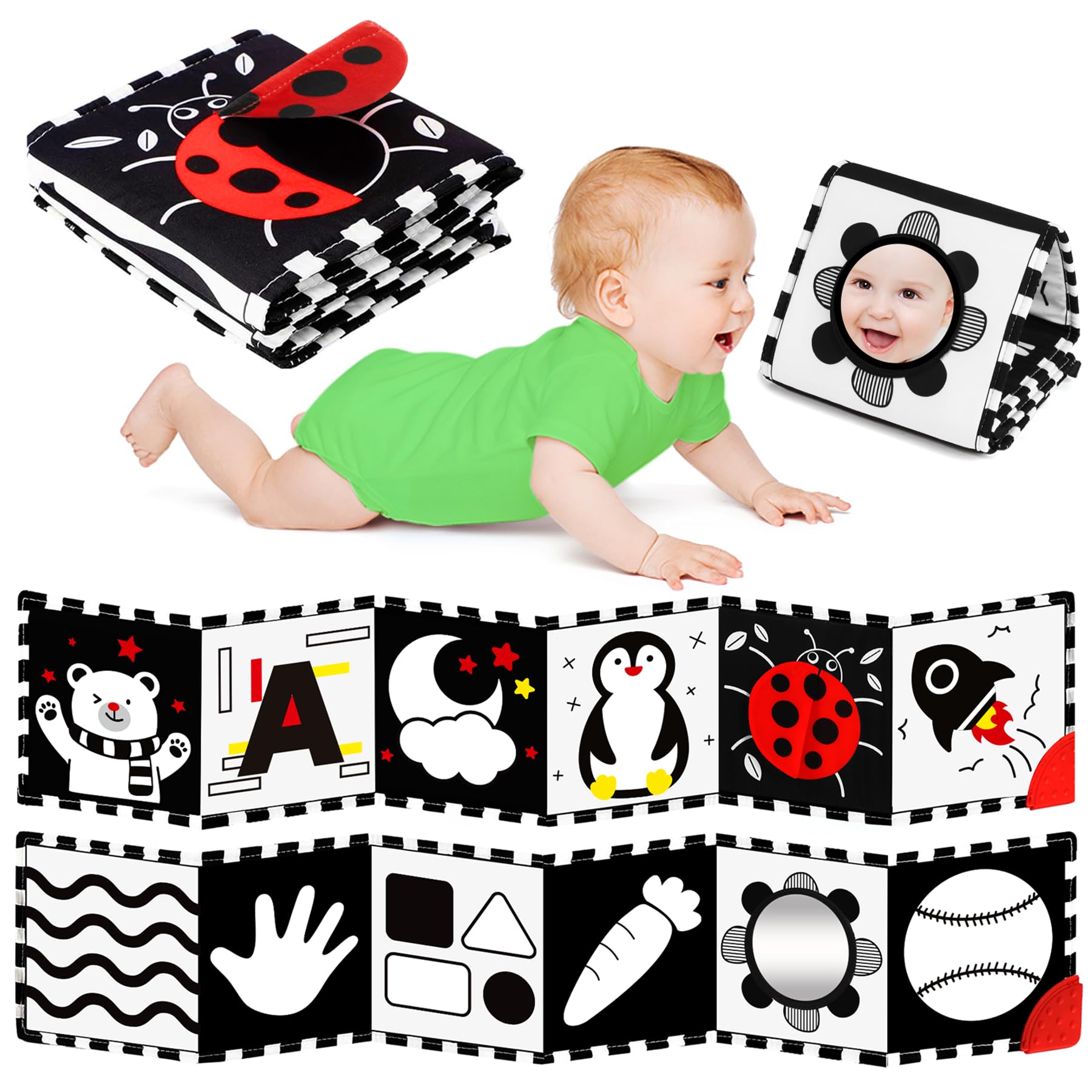 Juguetes para bebés de alto contraste para recién nacidos, tiempo boca abajo, juguetes para bebés en blanco y negro para 0-3-6-12 meses, libro sensorial de estimulación visual Montessori suave