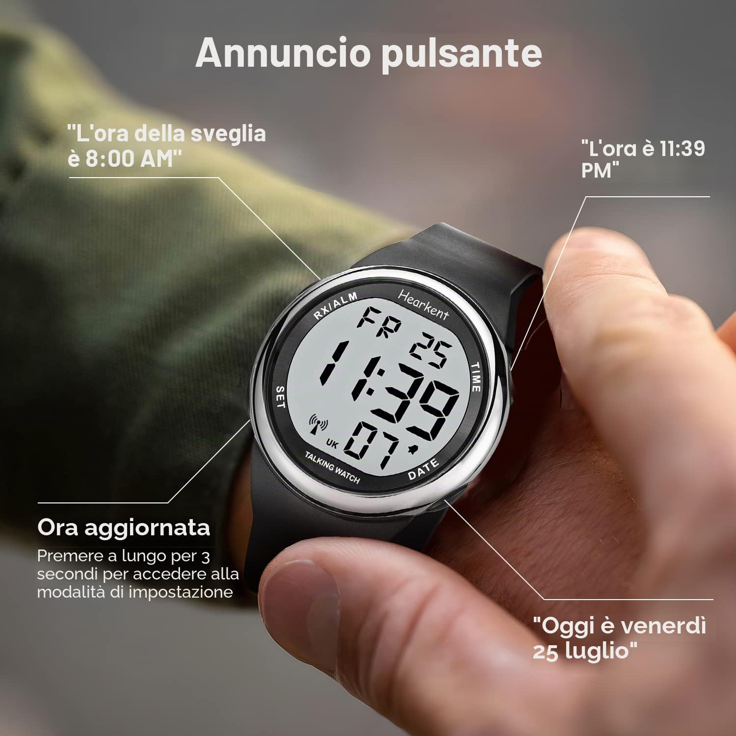 Hearkent Orologio parlante atomico Multi Band si adatta a non vedenti o anziani, facile da leggere per anziani, Siler, Cinturino