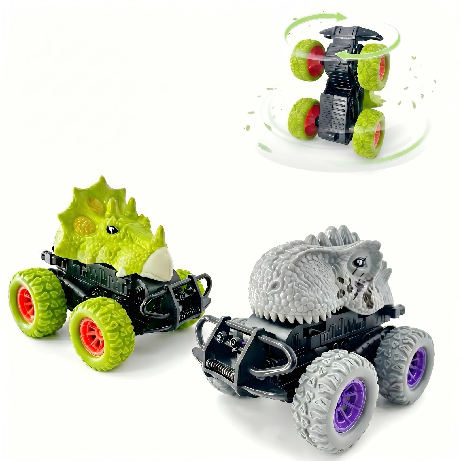Nyrvelle ‌Monster Truck Toy Set, 2 Pack Push and Go Car with 360° Stunt & Pop-Up Feature Friction Powered Cars for Kids, Dinosaur Toys for 3+ Year Old Boys Girls Birthday