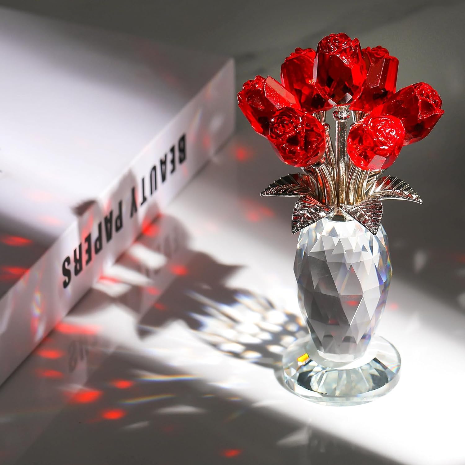 Movdyka Red Rose Crystal Flower Glass Roses Bouquet Gifts for Women Wife Mom Collectible Blown Glass Figurines Home Desk Decor Ornaments for Wedding Birthday Mothers Day Anniversary