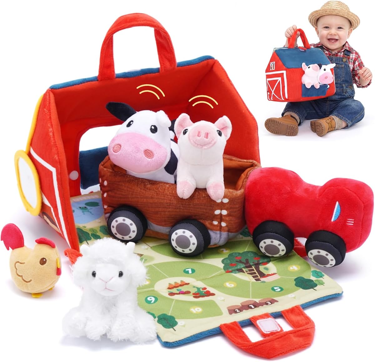 OUOZZZ Juego de juguetes sensoriales de animales de peluche de granja para niños pequeños de 9.4 pulgadas, casa de juegos | Peluche de tractor sensorial suave, amigos animales con sonido de campana, tapete de actividad, portátil