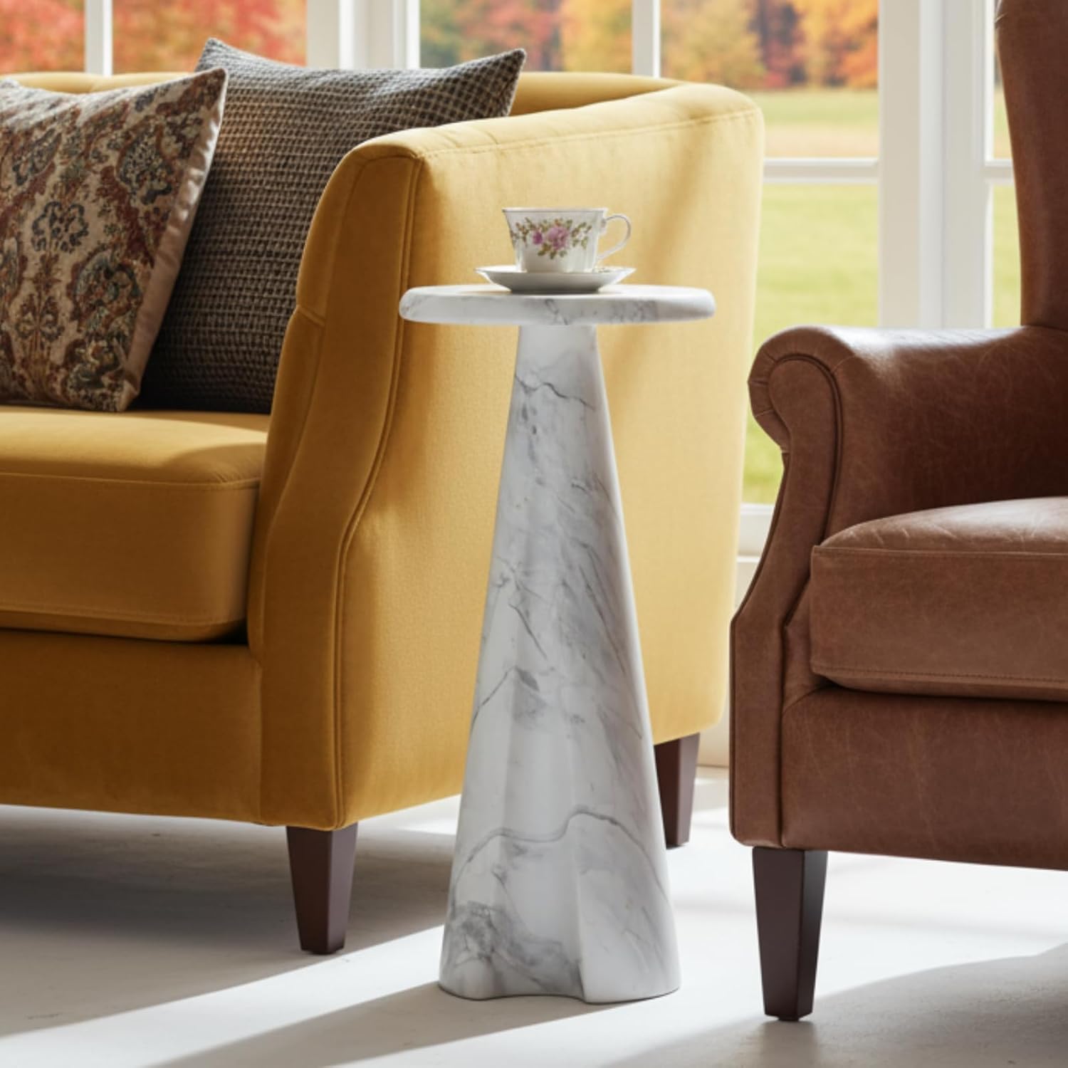 Modern Faux Marble Bedside Table for Living Room, 9" Round Stone Side Table Vintage Night Stand, Small Rustic Black End Table for Drink in Bedroom Apartment Waiting Room, White and Black