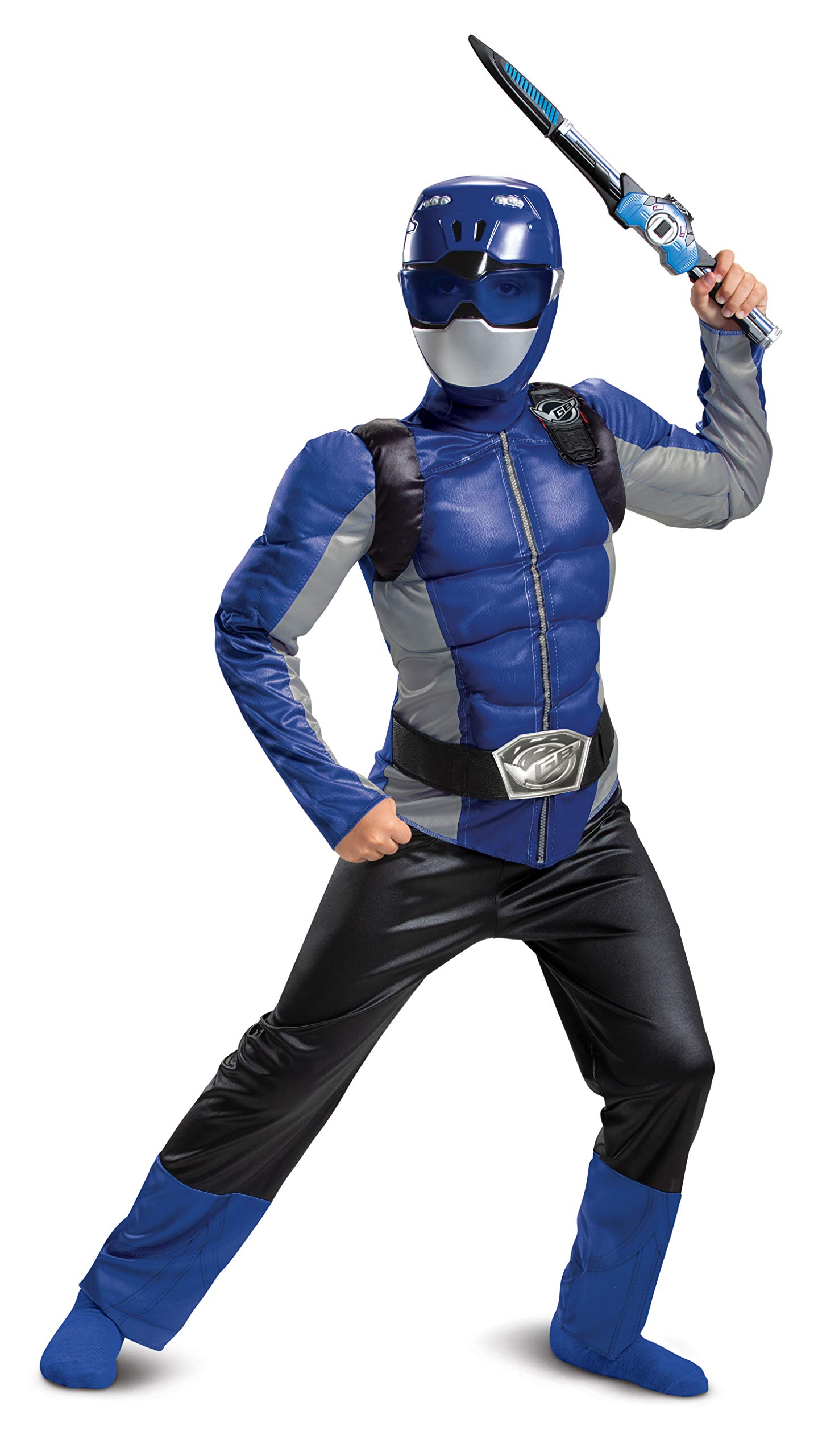 Disguise Offizielles Power Rangers Kostüm Kinder Blau Muskelkostüm, Superhelden Kostüm für Kinder Junge Mädchen Power Ranger Faschingskostüm Karneval Geburtstag Costume Größ M